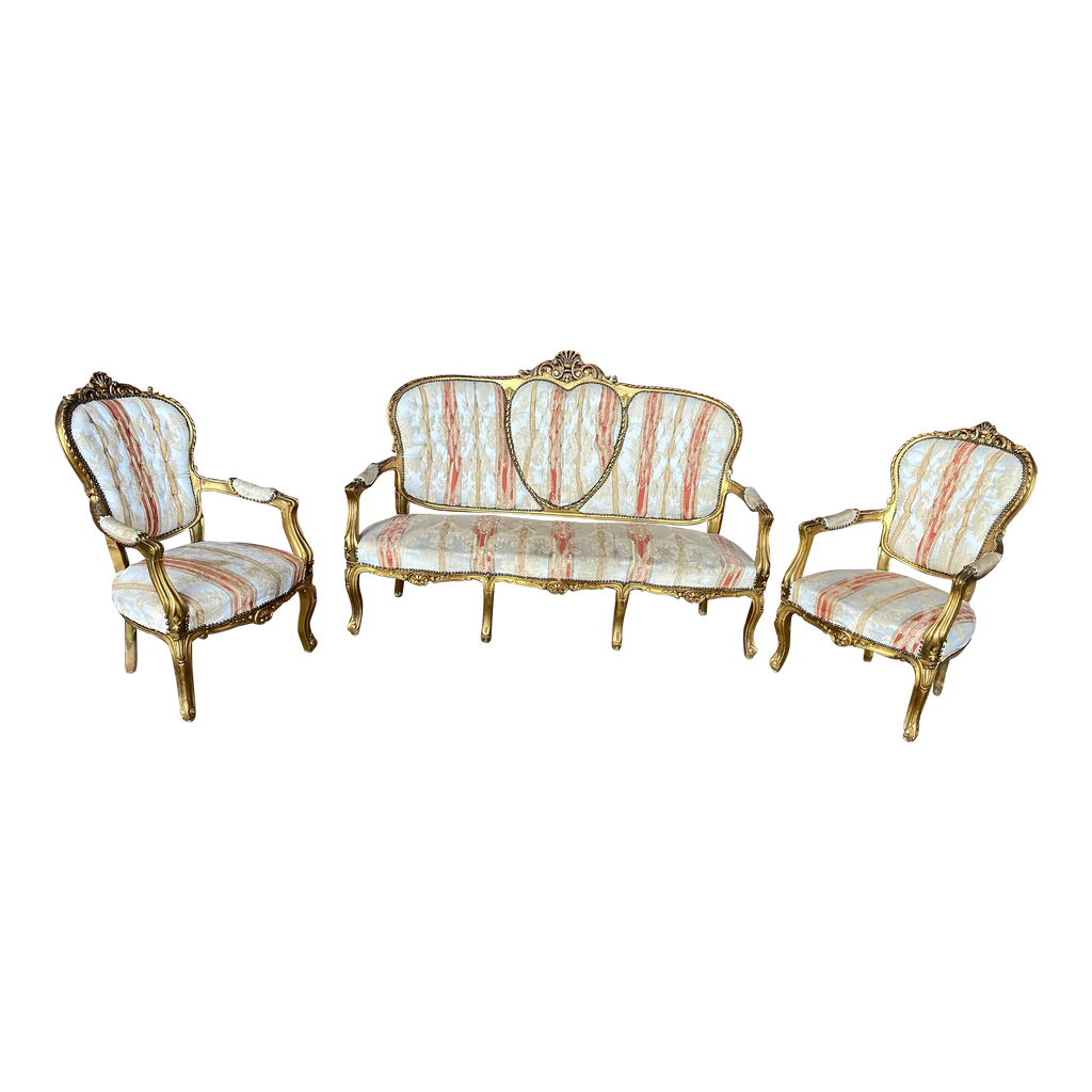 18th Century Louis XV Regency Giltwood Sweetheart Salon Settee and Bergere Chairs in Silk Damask - Set of 3