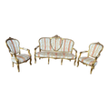 18th Century Louis XV Regency Giltwood Sweetheart Salon Settee and Bergere Chairs in Silk Damask - Set of 3