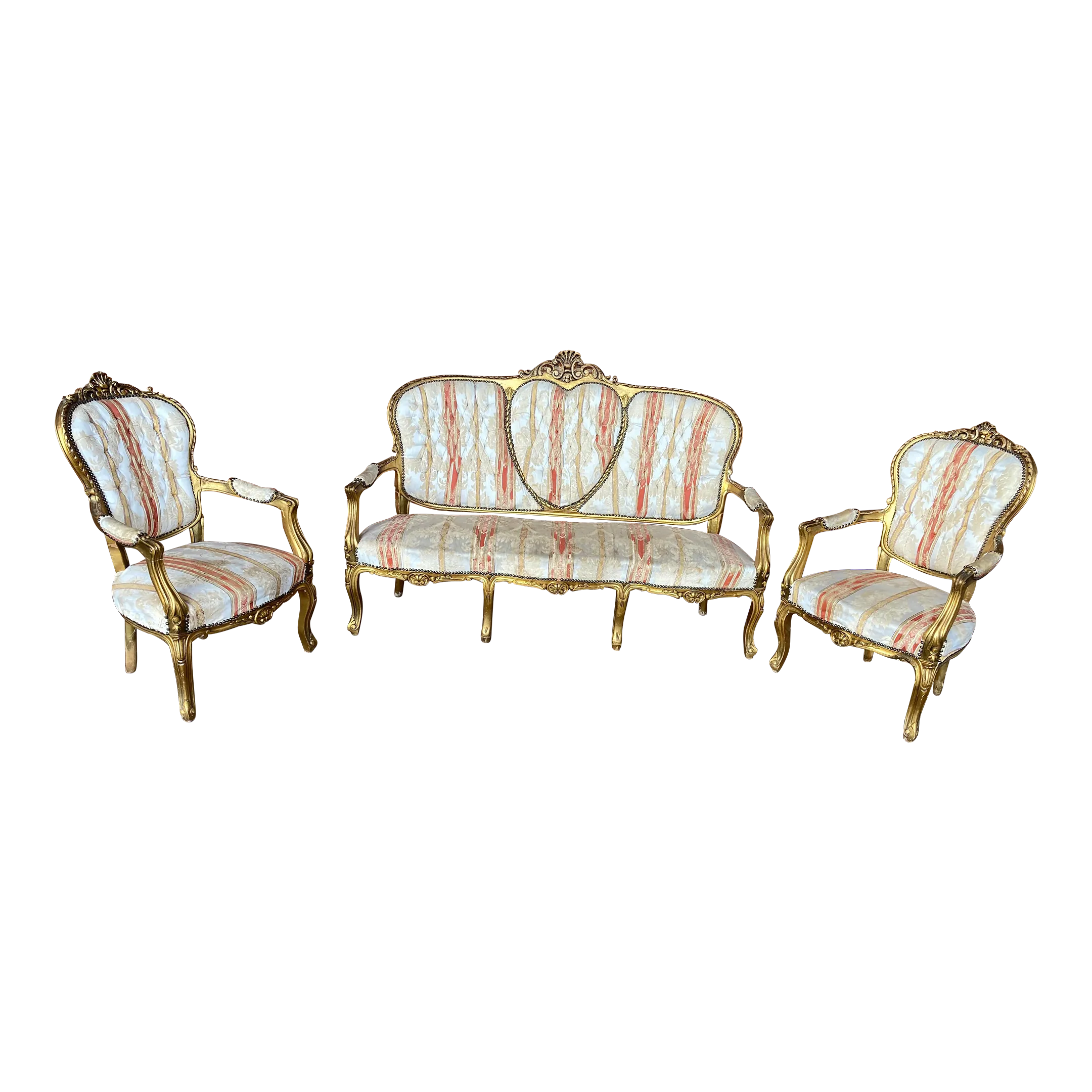 18th Century Louis XV Regency Giltwood Sweetheart Salon Settee and Bergere Chairs in Silk Damask - Set of 3