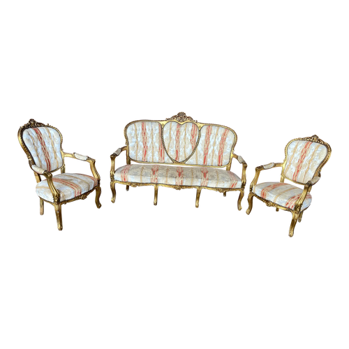 18th Century Louis XV Regency Giltwood Sweetheart Salon Settee and Bergere Chairs in Silk Damask - Set of 3