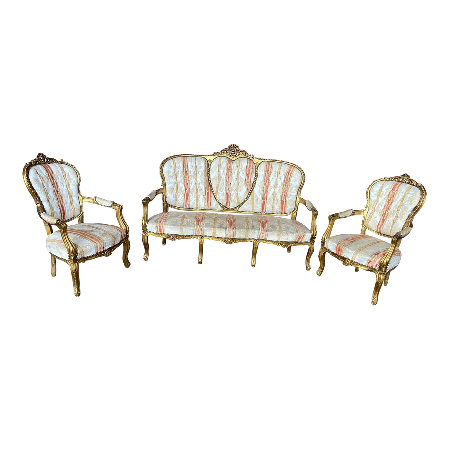 18th Century Louis XV Regency Giltwood Sweetheart Salon Settee and Bergere Chairs in Silk Damask - Set of 3