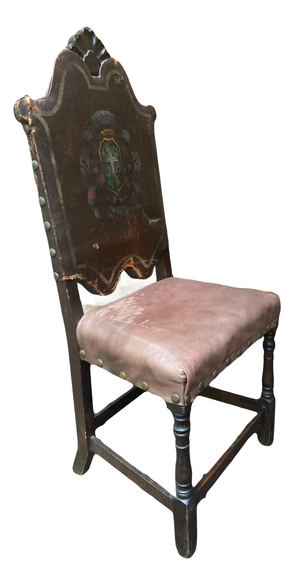 18th Century Renaissance Revival European Side Chair With Decorative Crest and Nailhead Accents