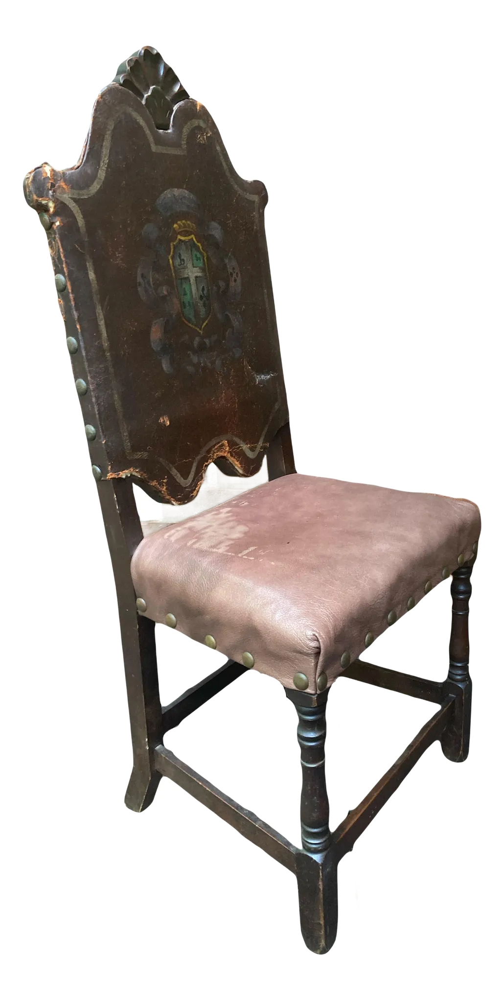 18th Century Renaissance Revival European Side Chair With Decorative Crest and Nailhead Accents