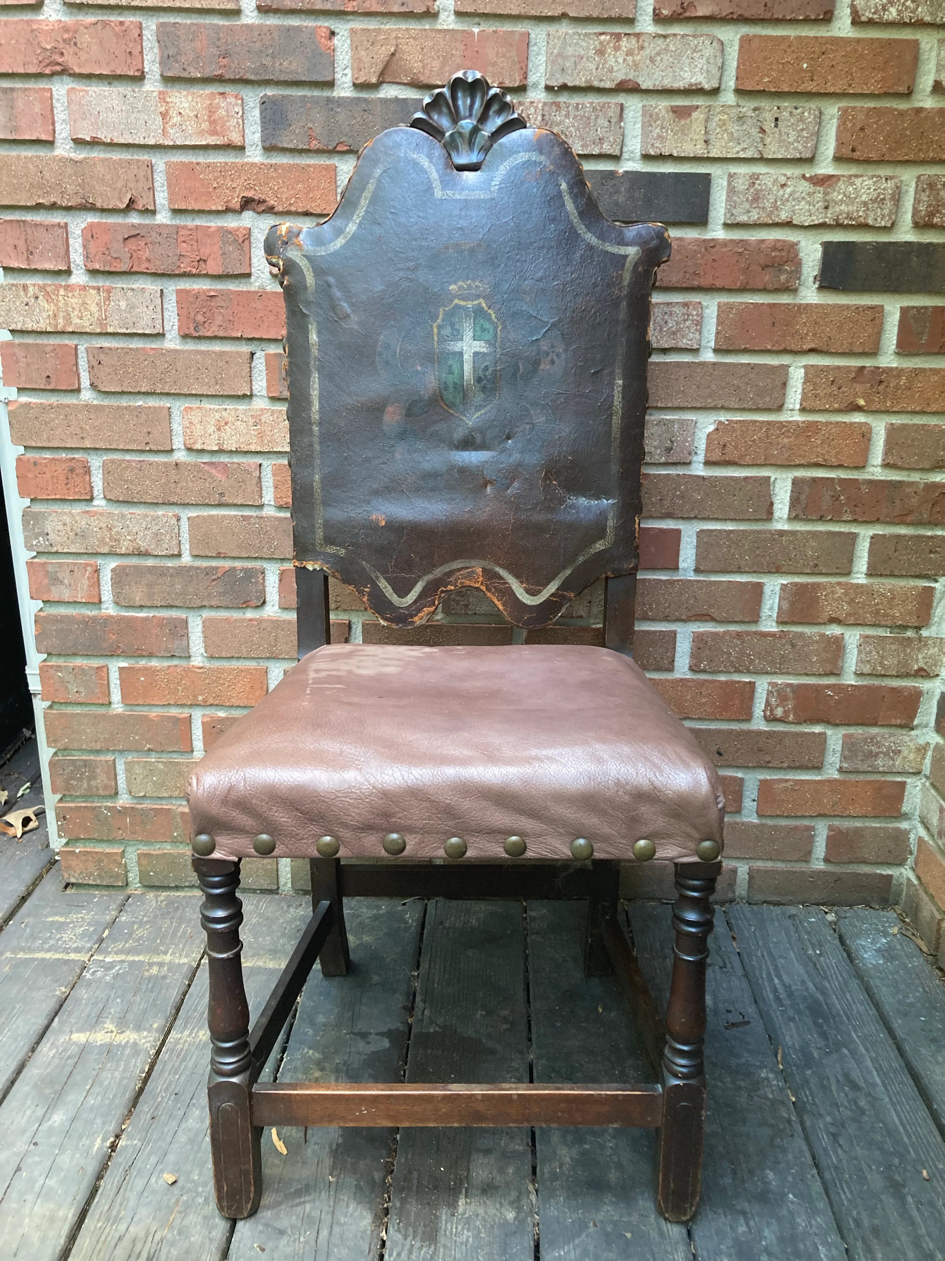 18th Century Renaissance Revival European Side Chair With Decorative Crest and Nailhead Accents