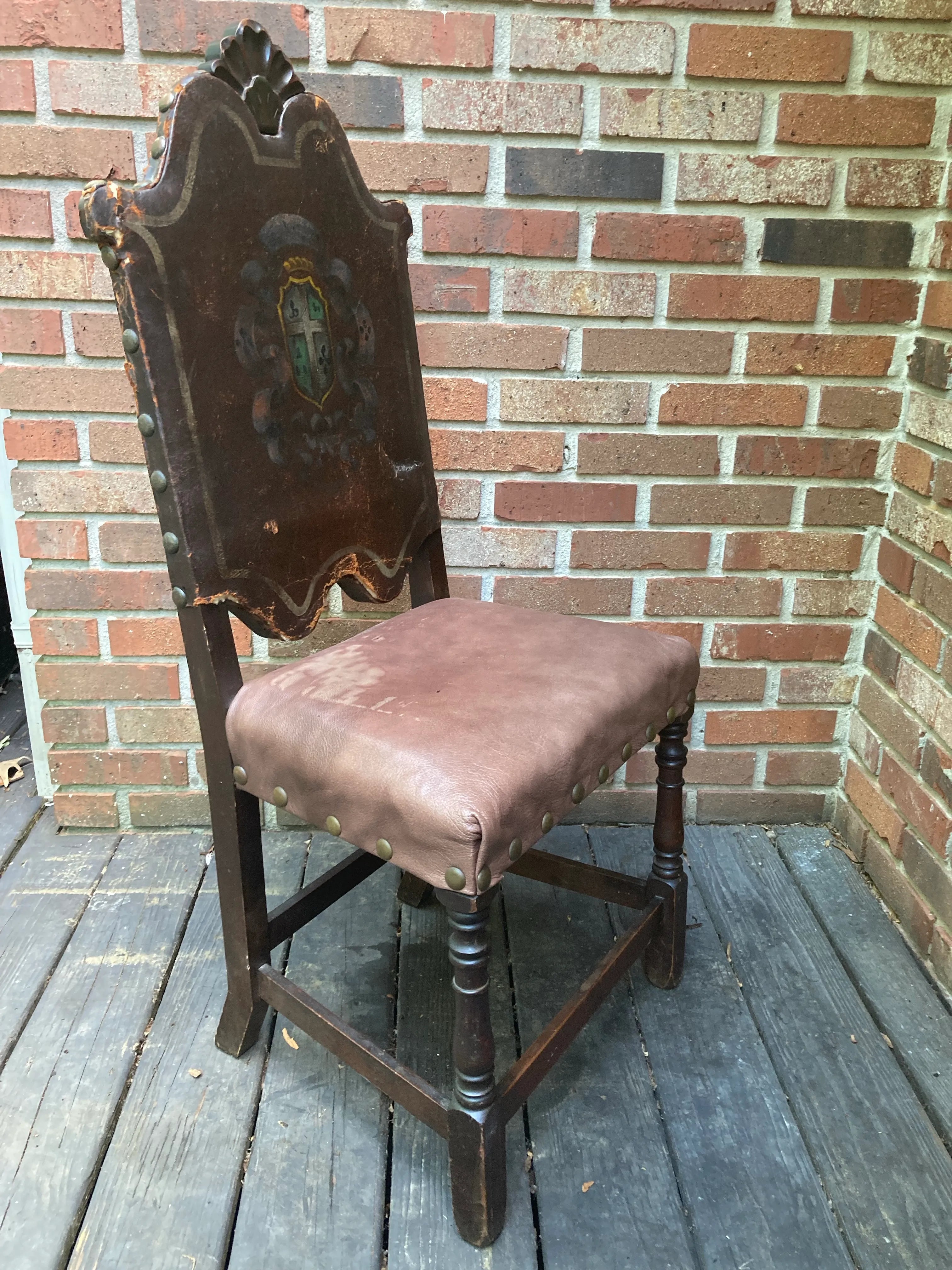 18th Century Renaissance Revival European Side Chair With Decorative Crest and Nailhead Accents