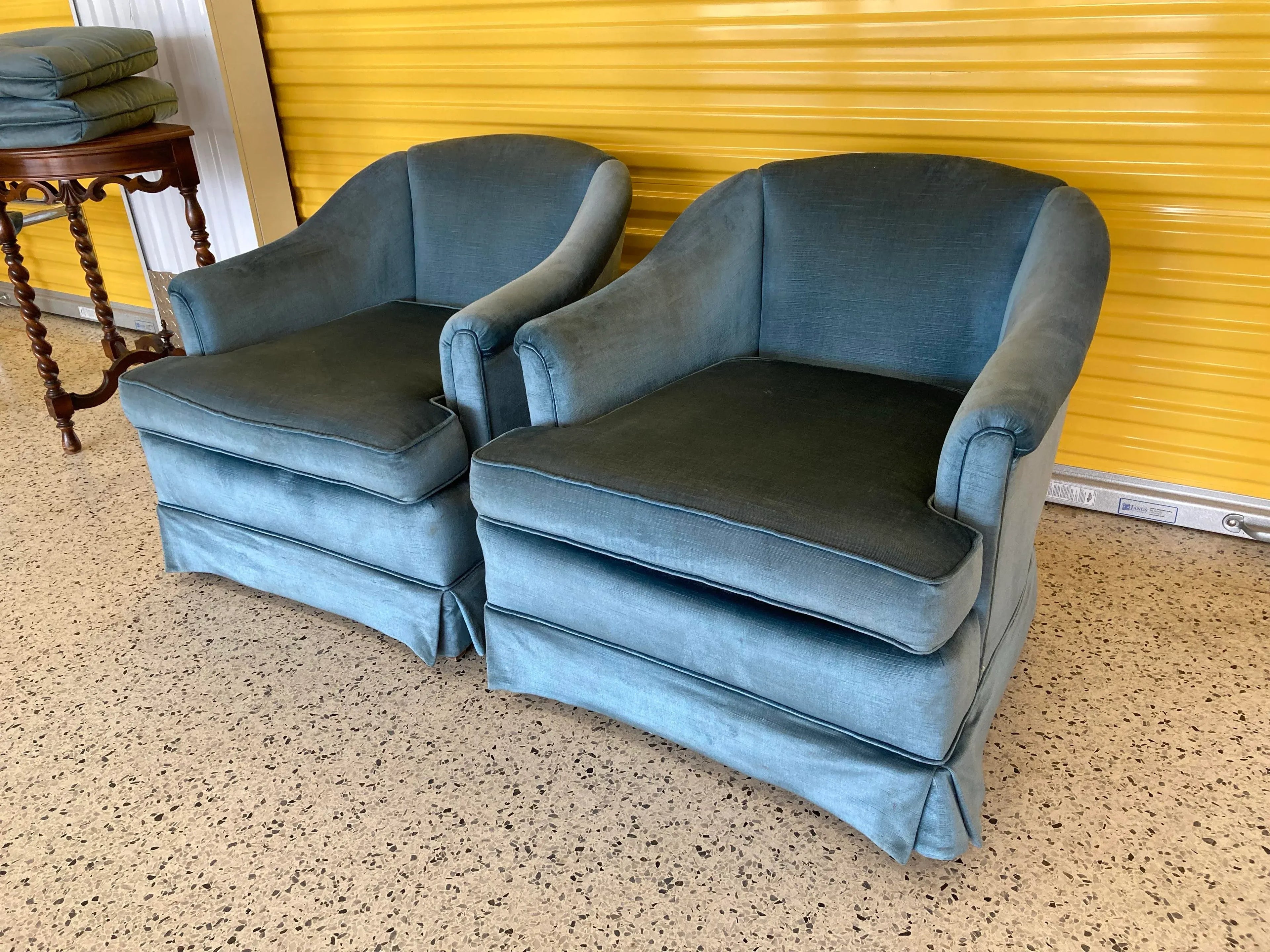 1960s Vintage Hollywood Regency Lane Clyde Pearson Aqua Velvet Club Chairs for Lane - A Pair