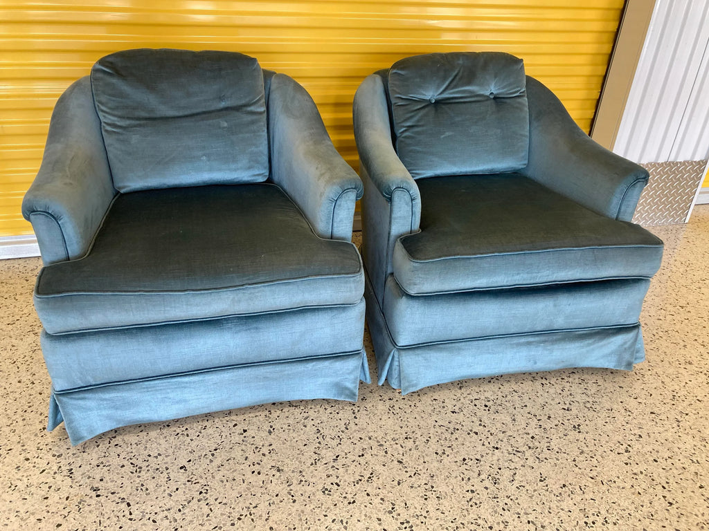 1960s Vintage Hollywood Regency Lane Clyde Pearson Aqua Velvet Club Chairs for Lane - A Pair