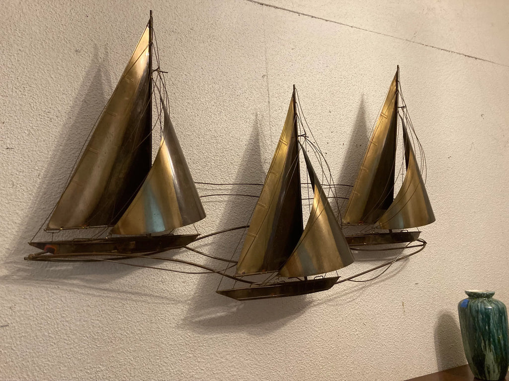 1970s Mid 20th Century Brutalist Brass Sailboat Wall Art Sculpture by Curtis Jere - Signed