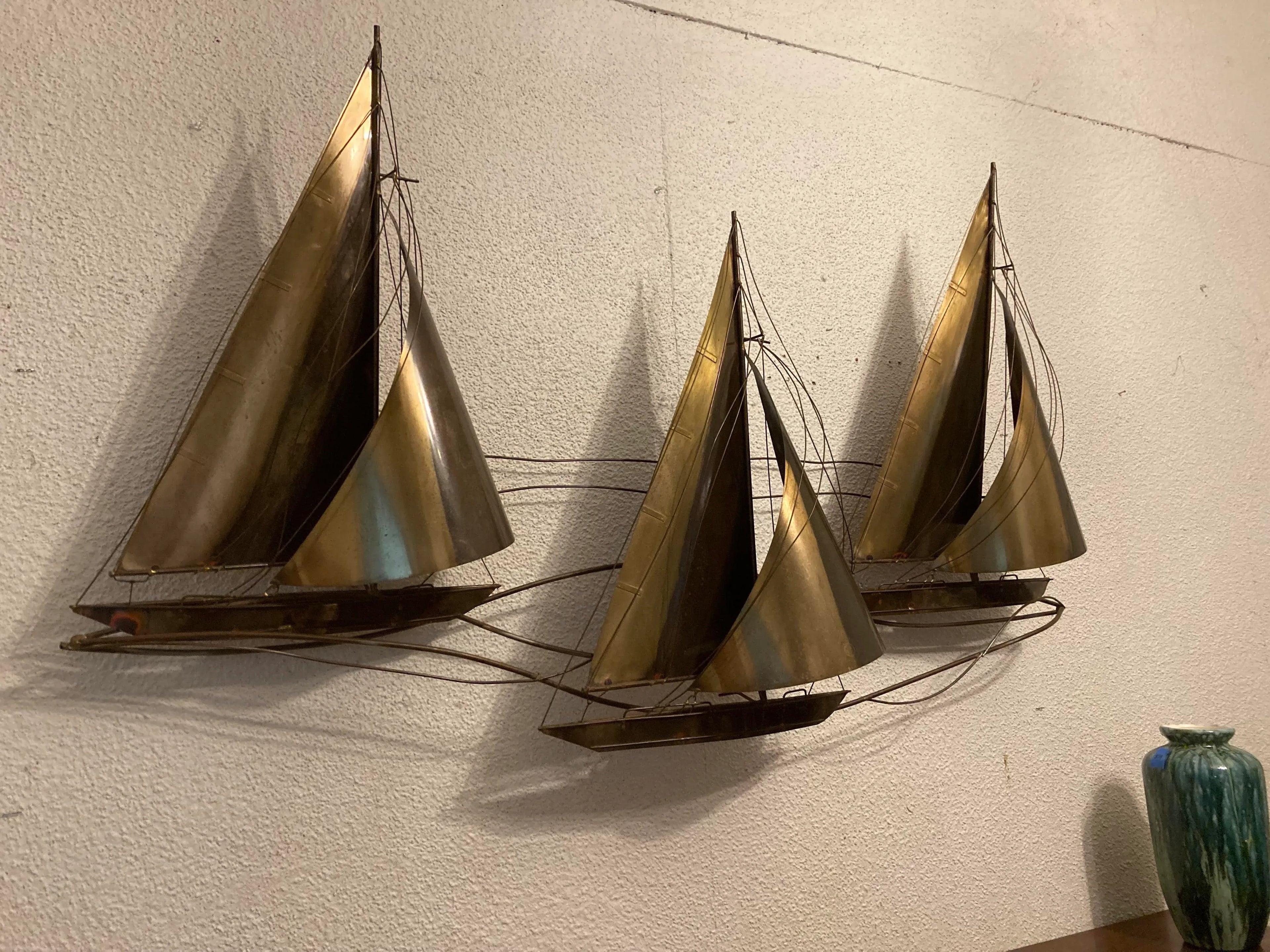 1970s Mid 20th Century Brutalist Brass Sailboat Wall Art Sculpture by Curtis Jere - Signed