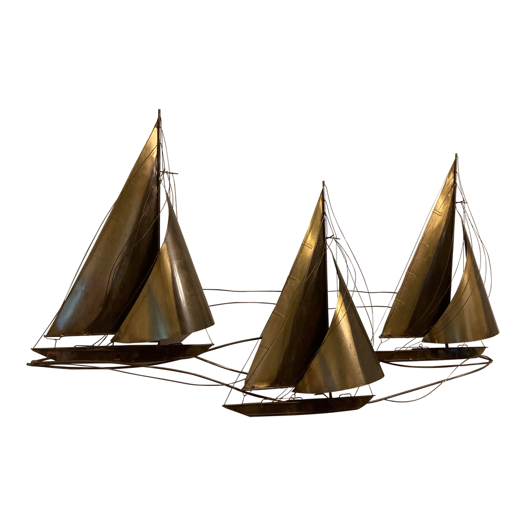 1970s Mid 20th Century Brutalist Brass Sailboat Wall Art Sculpture by Curtis Jere - Signed