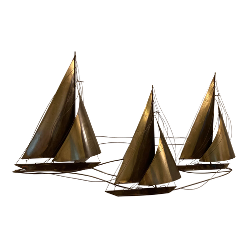 1970s Mid 20th Century Brutalist Brass Sailboat Wall Art Sculpture by Curtis Jere - Signed