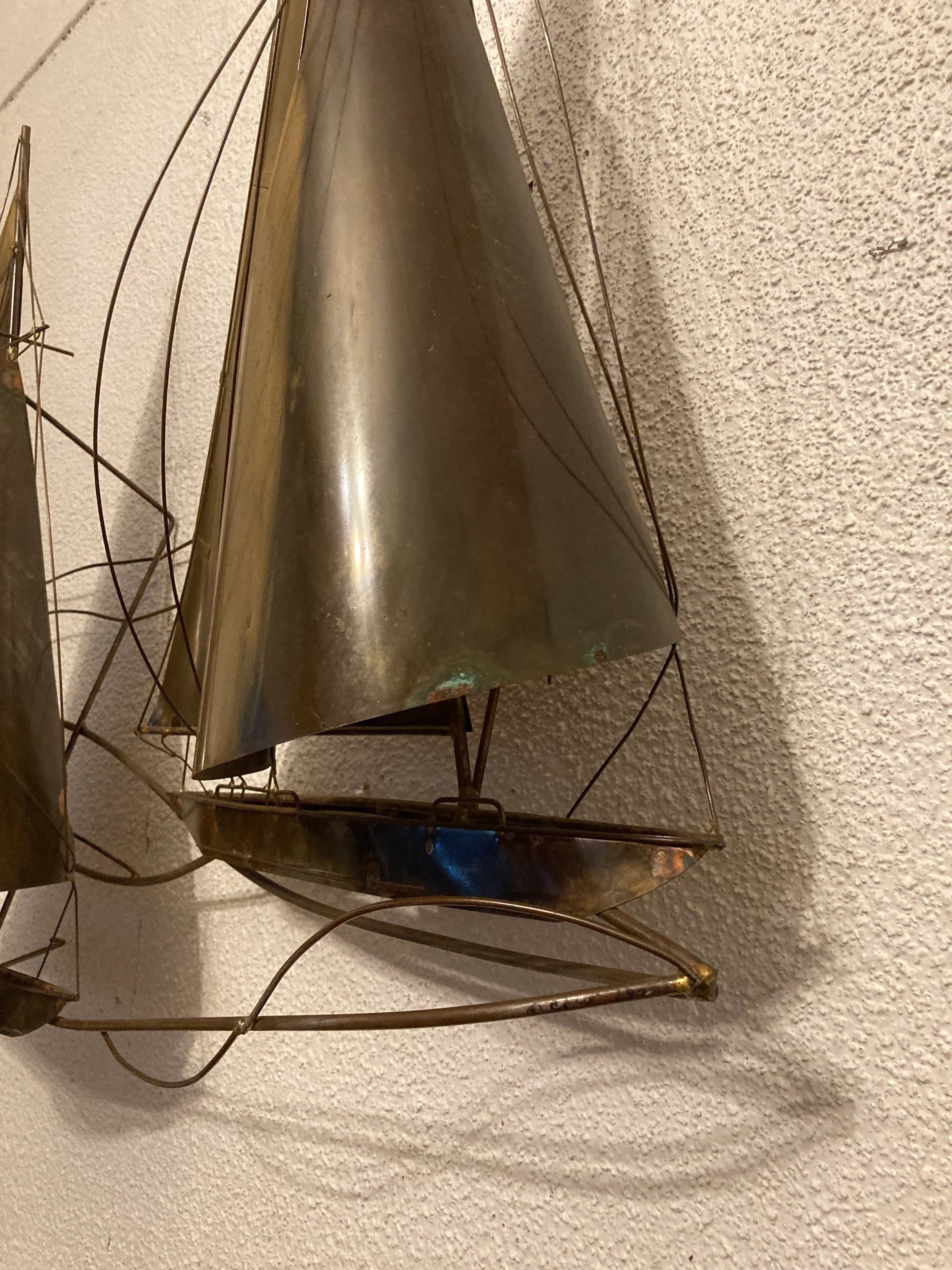 1970s Mid 20th Century Brutalist Brass Sailboat Wall Art Sculpture by Curtis Jere - Signed