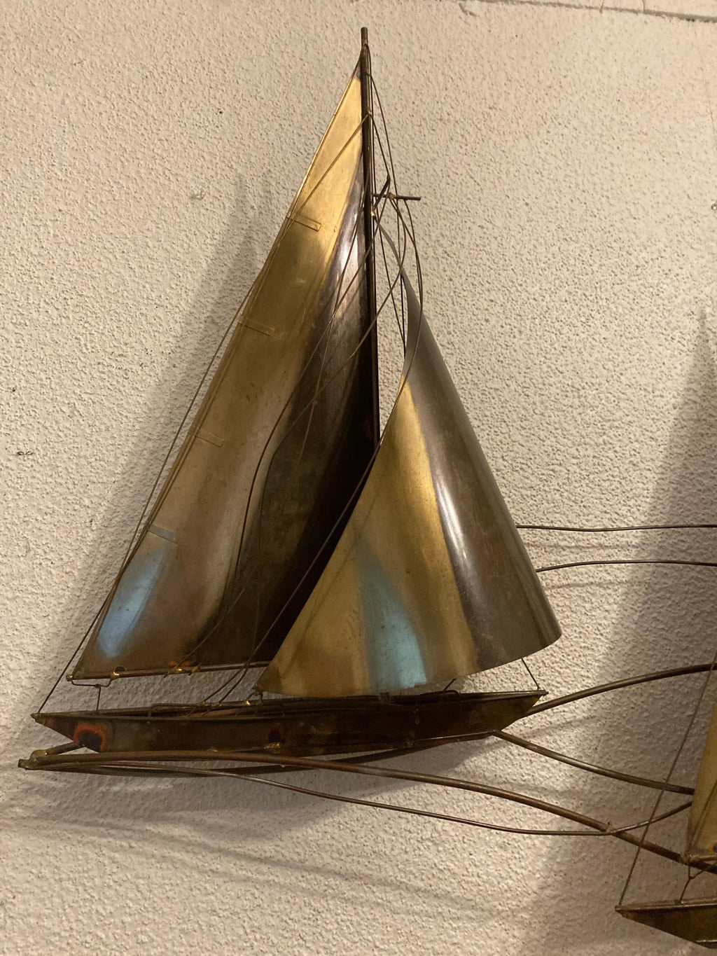 1970s Mid 20th Century Brutalist Brass Sailboat Wall Art Sculpture by Curtis Jere - Signed