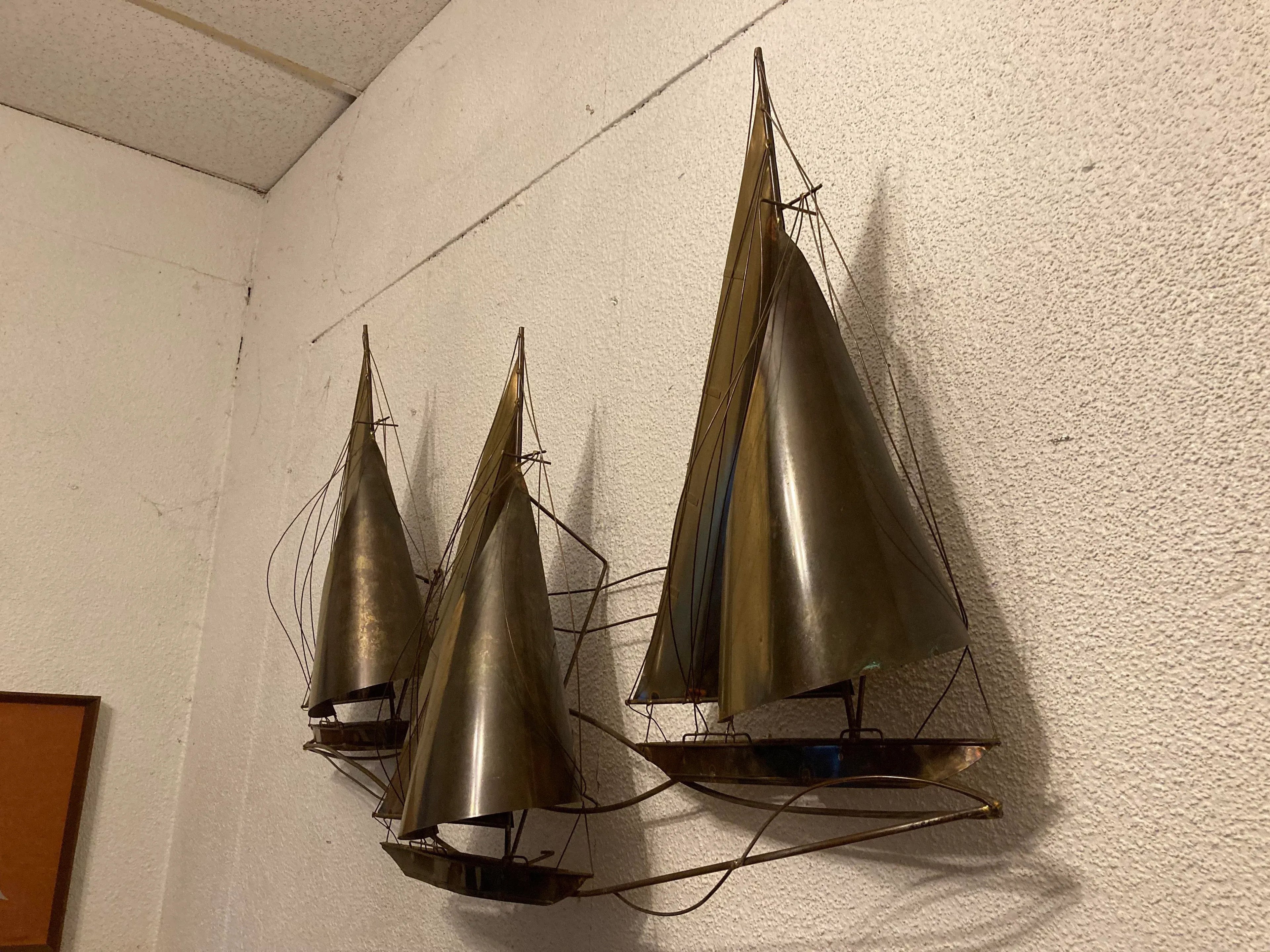 1970s Mid 20th Century Brutalist Brass Sailboat Wall Art Sculpture by Curtis Jere - Signed