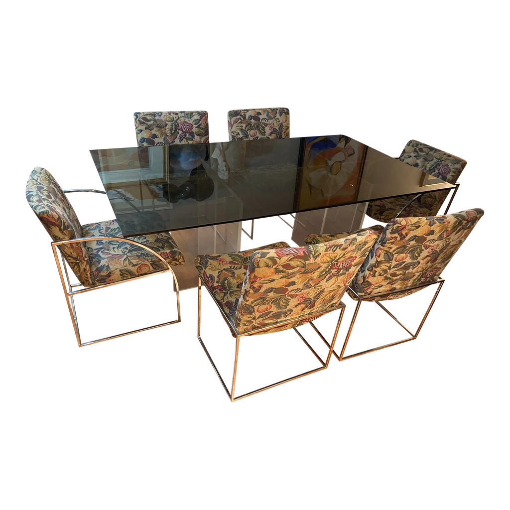 1970s Milo Baughman for Thayer Coggin Iridescent Lucite and Smoked Glass Dining Table and Set of Six Slim Line Dining Chairs