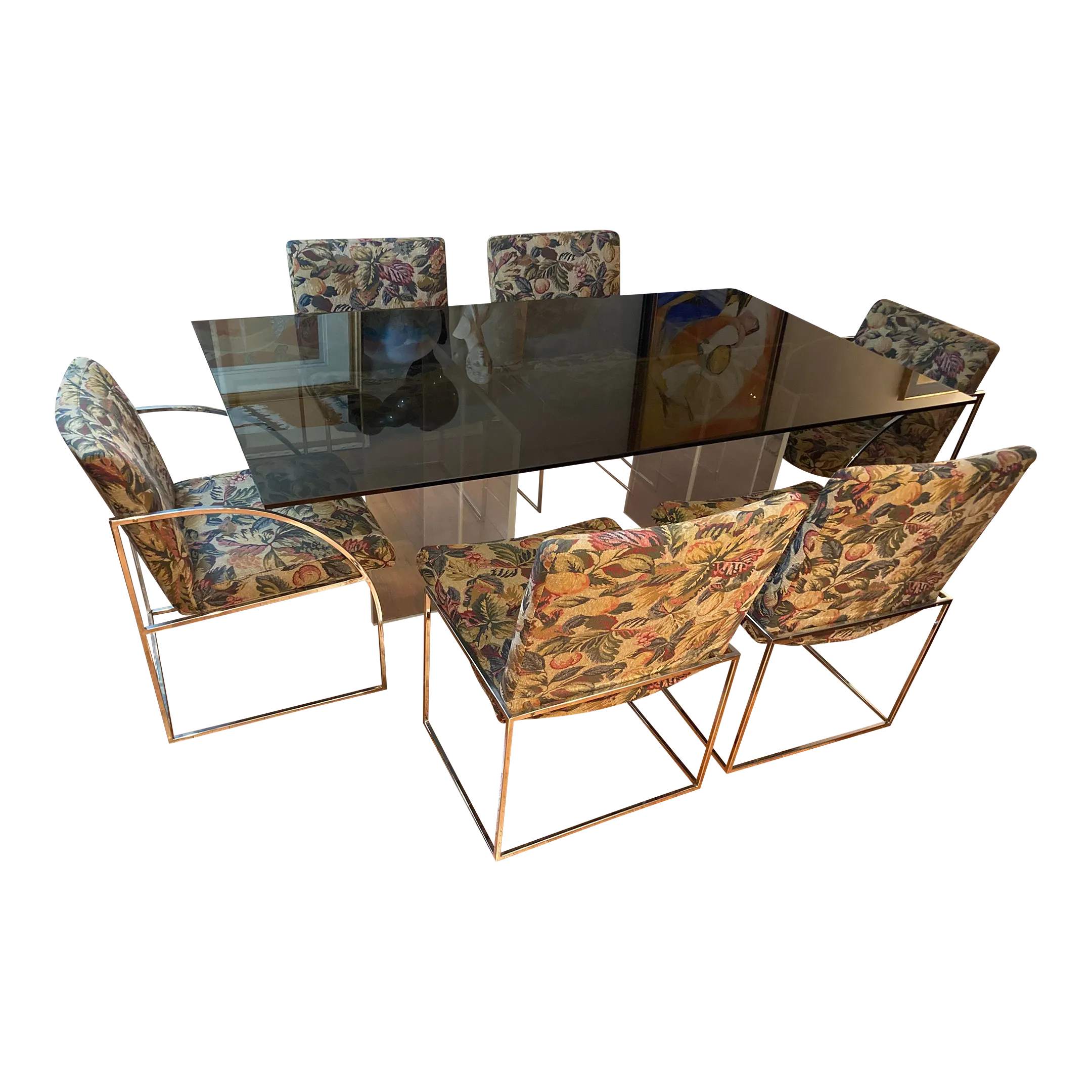 1970s Milo Baughman for Thayer Coggin Iridescent Lucite and Smoked Glass Dining Table and Set of Six Slim Line Dining Chairs