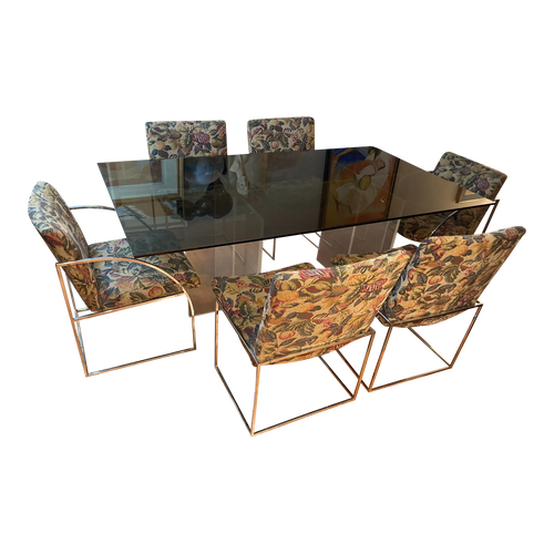1970s Milo Baughman for Thayer Coggin Iridescent Lucite and Smoked Glass Dining Table and Set of Six Slim Line Dining Chairs