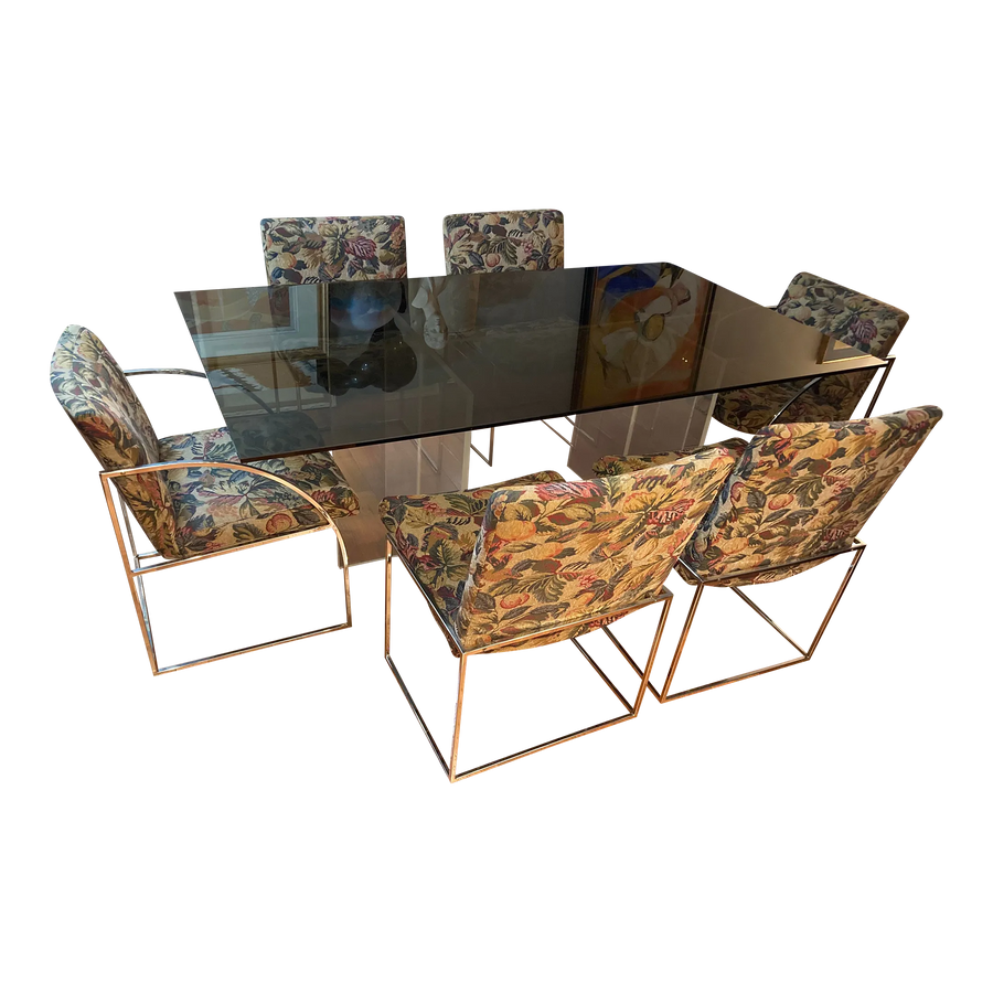 1970s Milo Baughman for Thayer Coggin Iridescent Lucite and Smoked Glass Dining Table and Set of Six Slim Line Dining Chairs