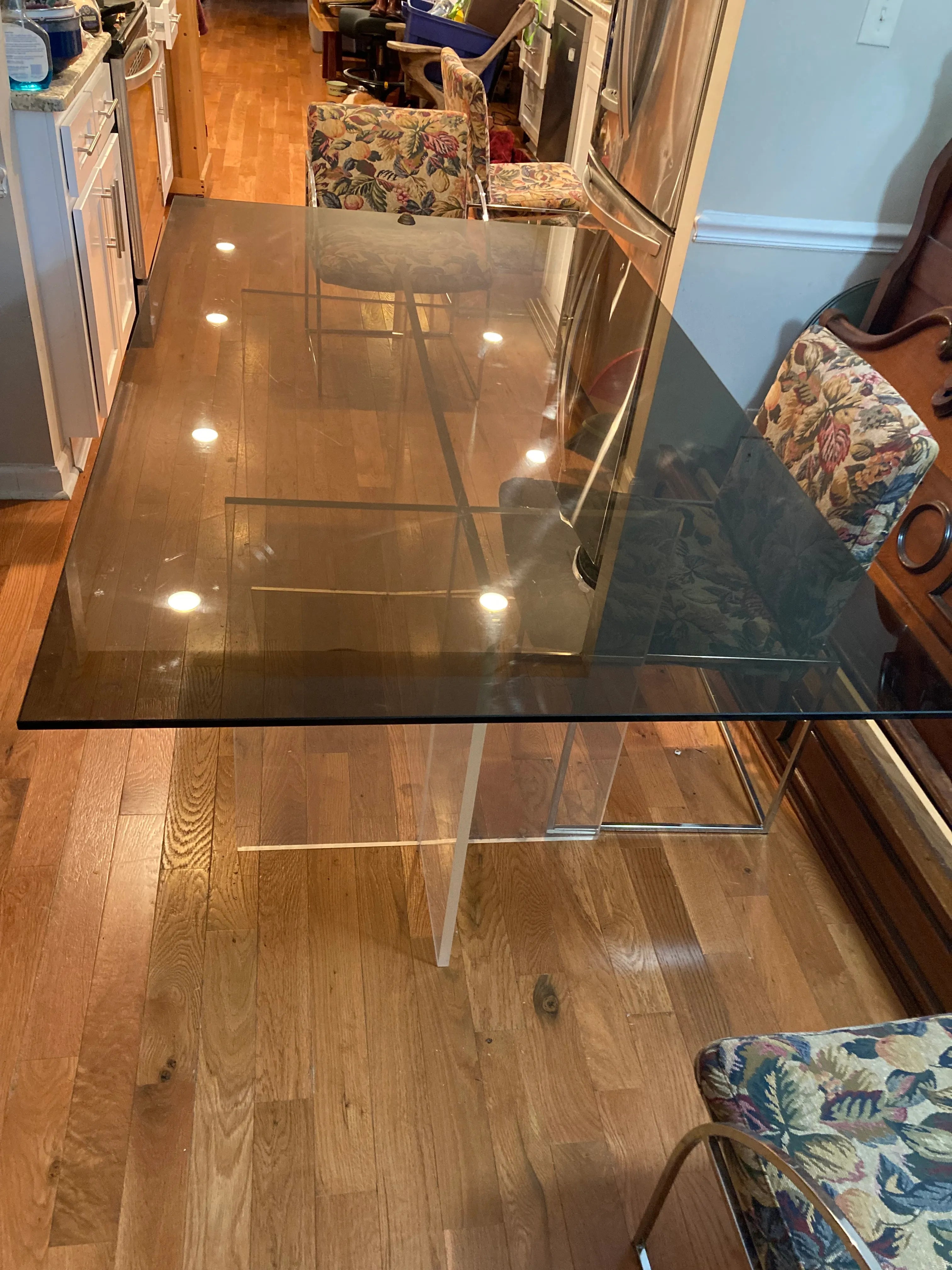 1970s Milo Baughman for Thayer Coggin Iridescent Lucite and Smoked Glass Dining Table and Set of Six Slim Line Dining Chairs