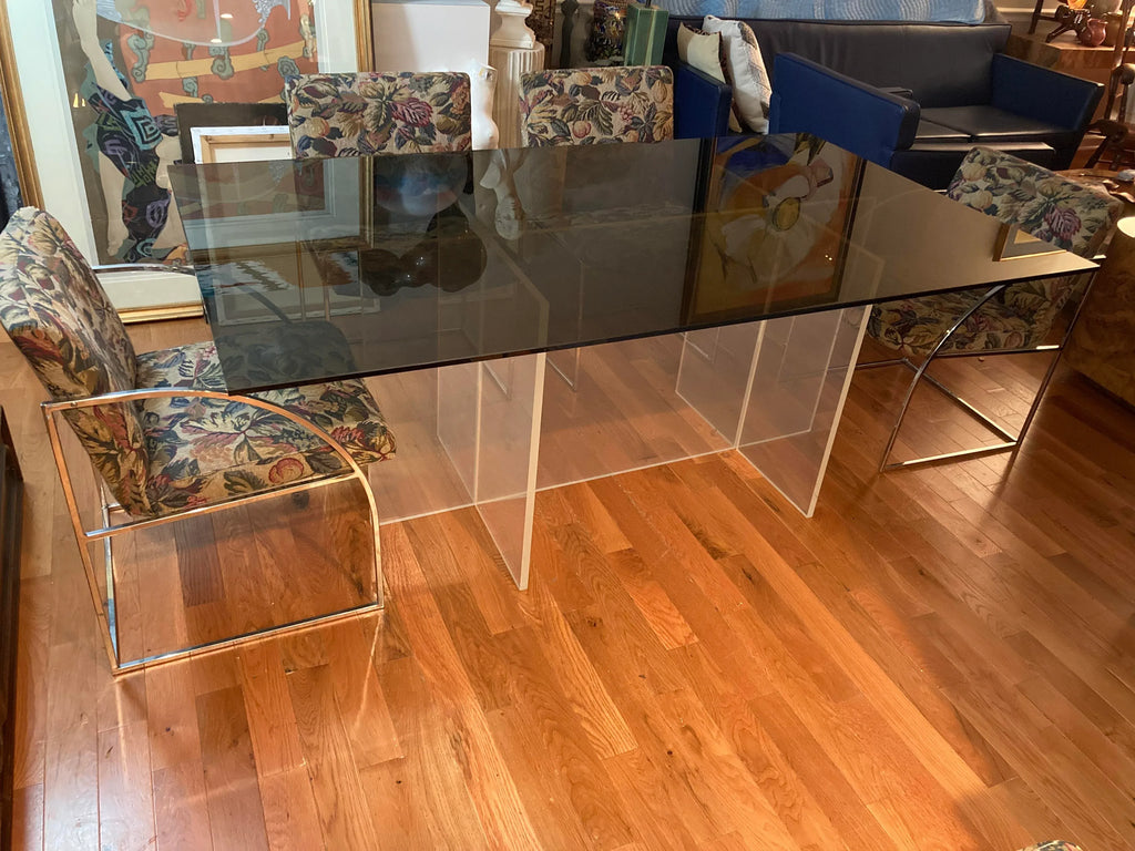 1970s Milo Baughman for Thayer Coggin Iridescent Lucite and Smoked Glass Dining Table and Set of Six Slim Line Dining Chairs