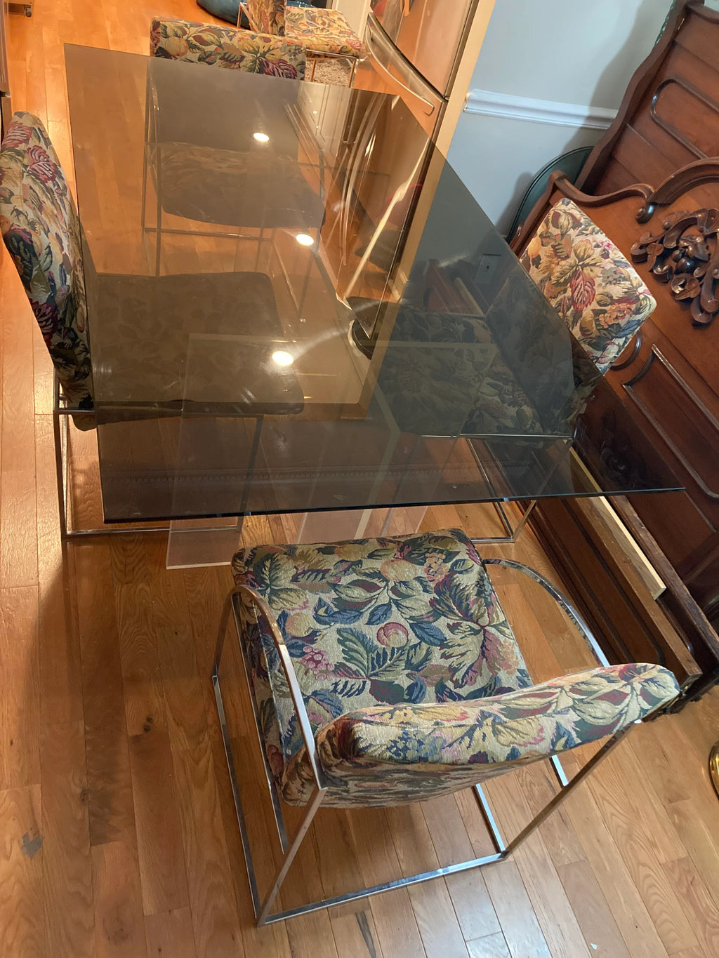 1970s Milo Baughman for Thayer Coggin Iridescent Lucite and Smoked Glass Dining Table and Set of Six Slim Line Dining Chairs