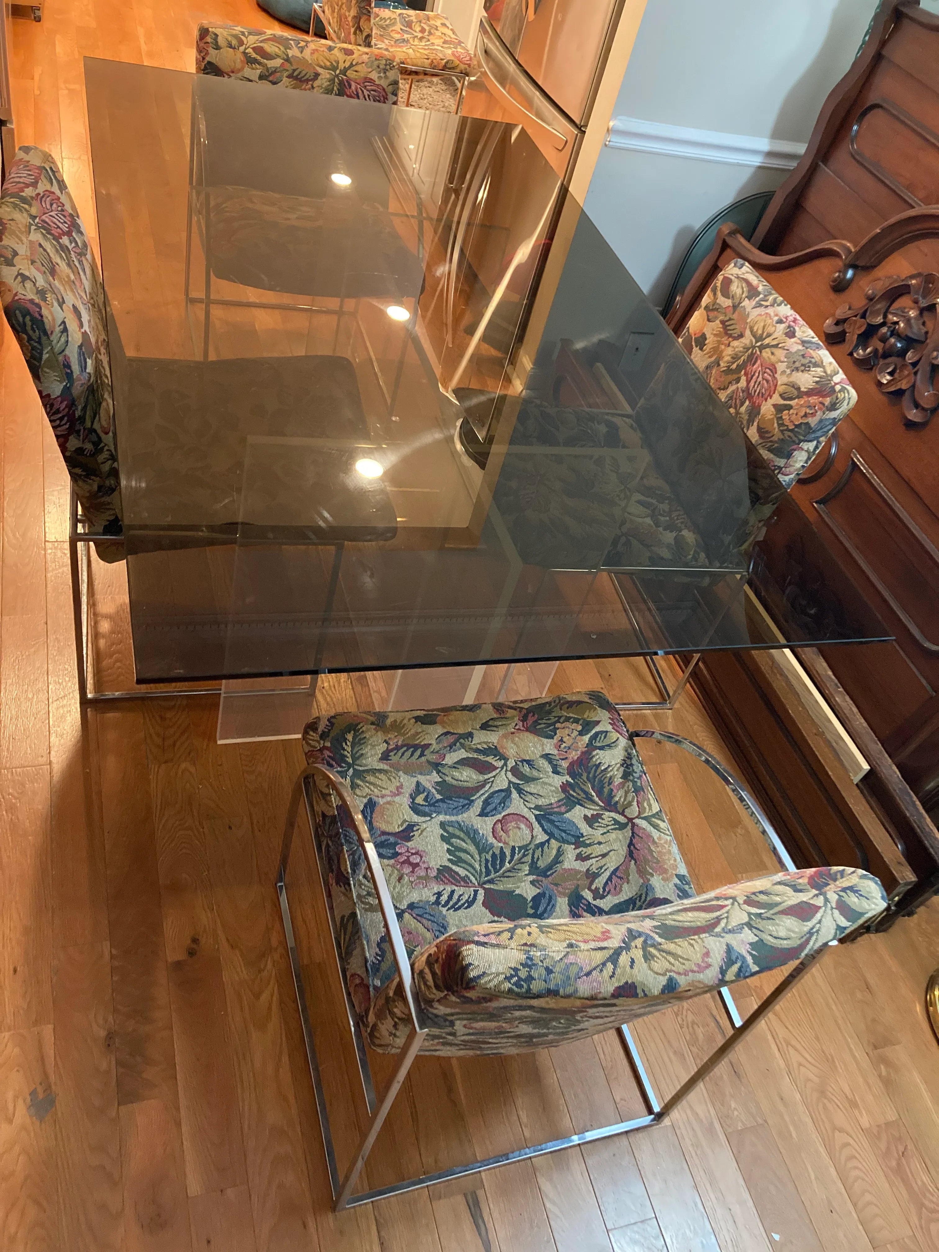 1970s Milo Baughman for Thayer Coggin Iridescent Lucite and Smoked Glass Dining Table and Set of Six Slim Line Dining Chairs