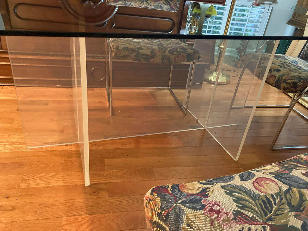 1970s Milo Baughman for Thayer Coggin Iridescent Lucite and Smoked Glass Dining Table and Set of Six Slim Line Dining Chairs