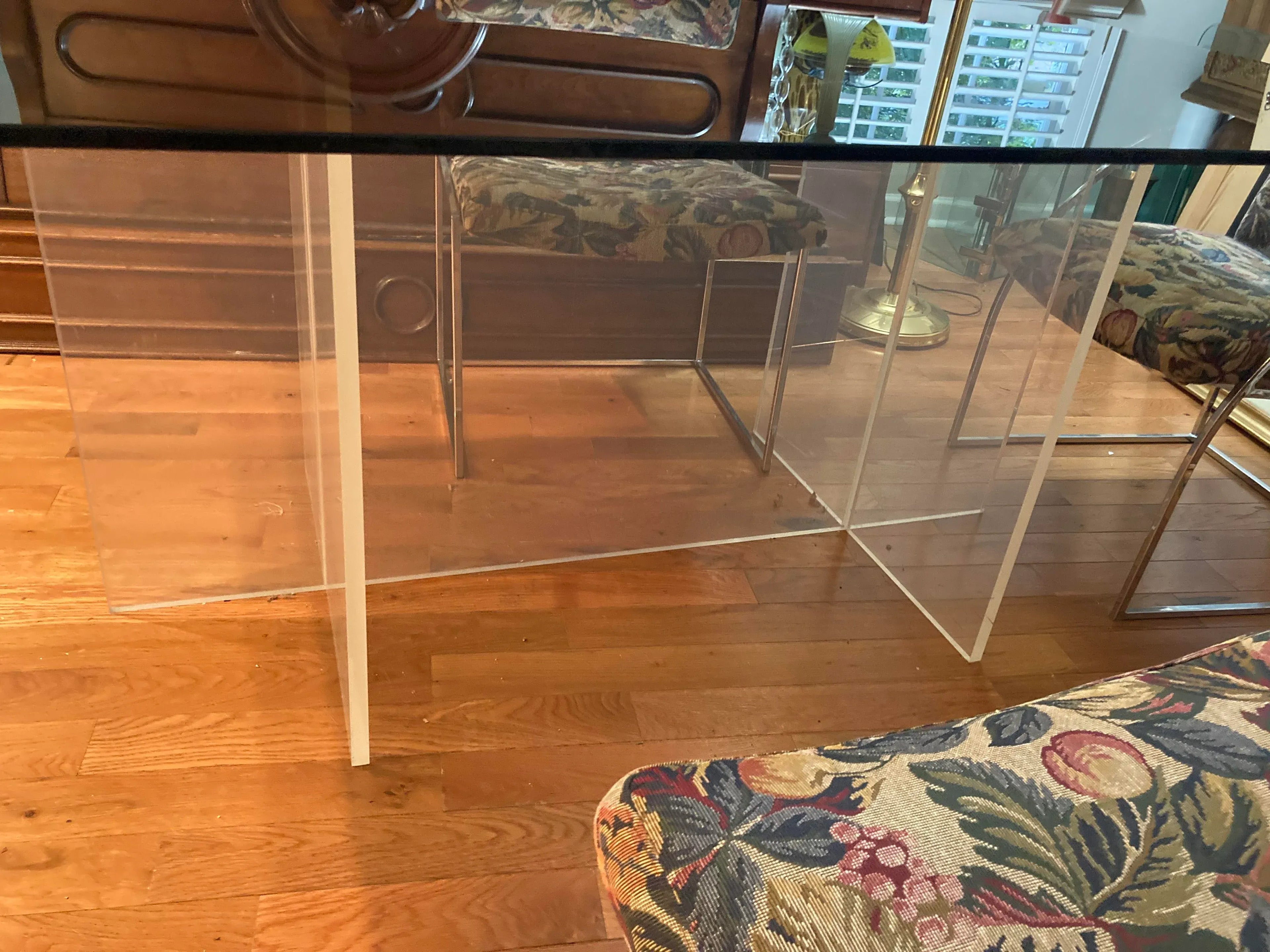 1970s Milo Baughman for Thayer Coggin Iridescent Lucite and Smoked Glass Dining Table and Set of Six Slim Line Dining Chairs