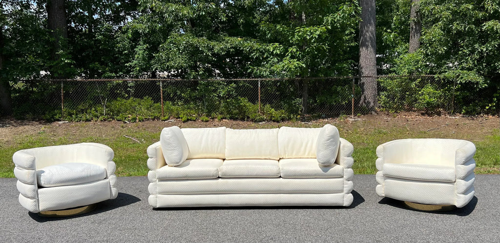 1970s Milo Baughman for Thayer Coggin Post Modern Couch in Ivory Checkered Fabric