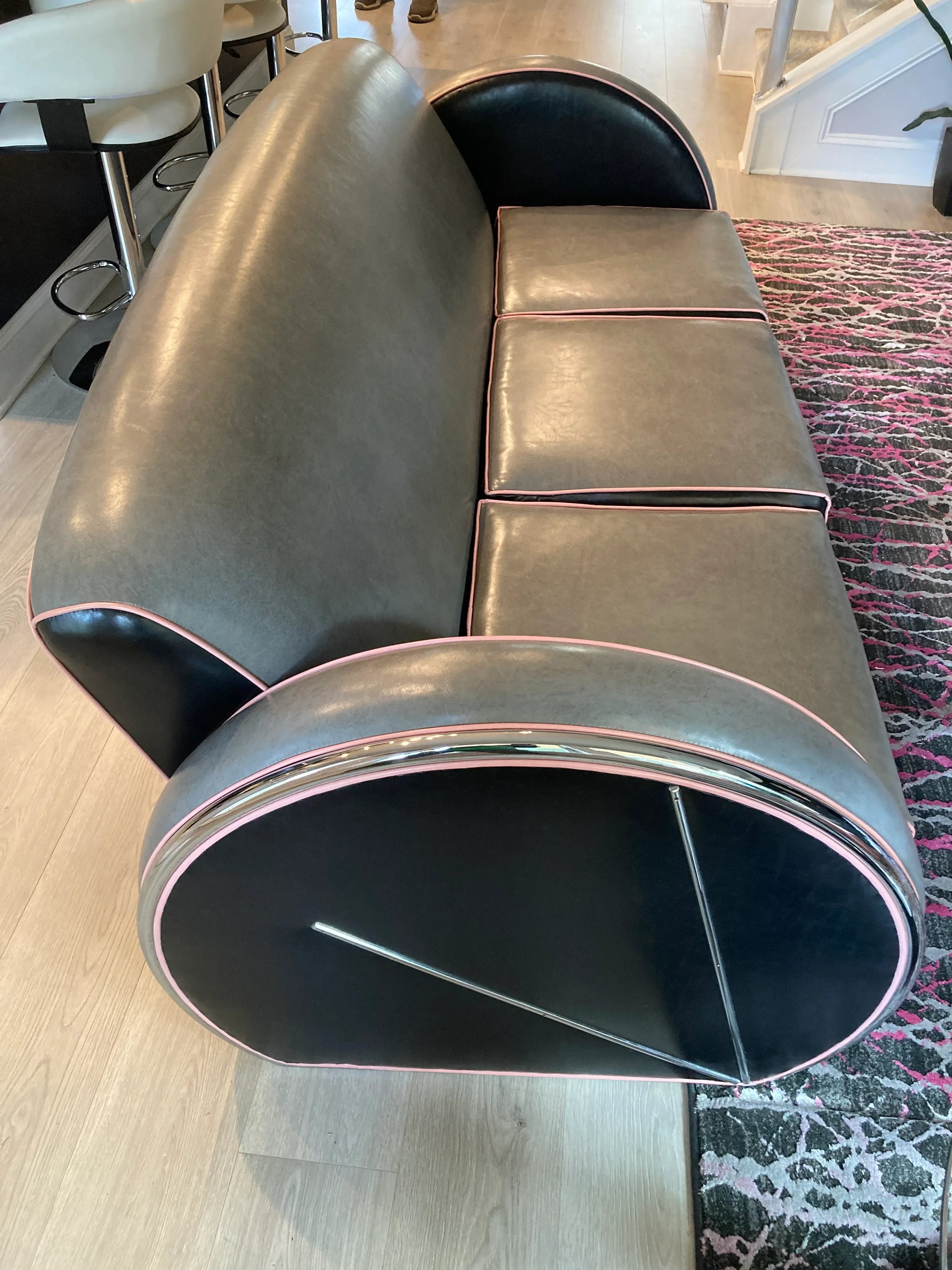 1980s Art Deco Revival Royal Chrome Streamline Sofa, Chair, and Ottoman Set After Donald Deskey