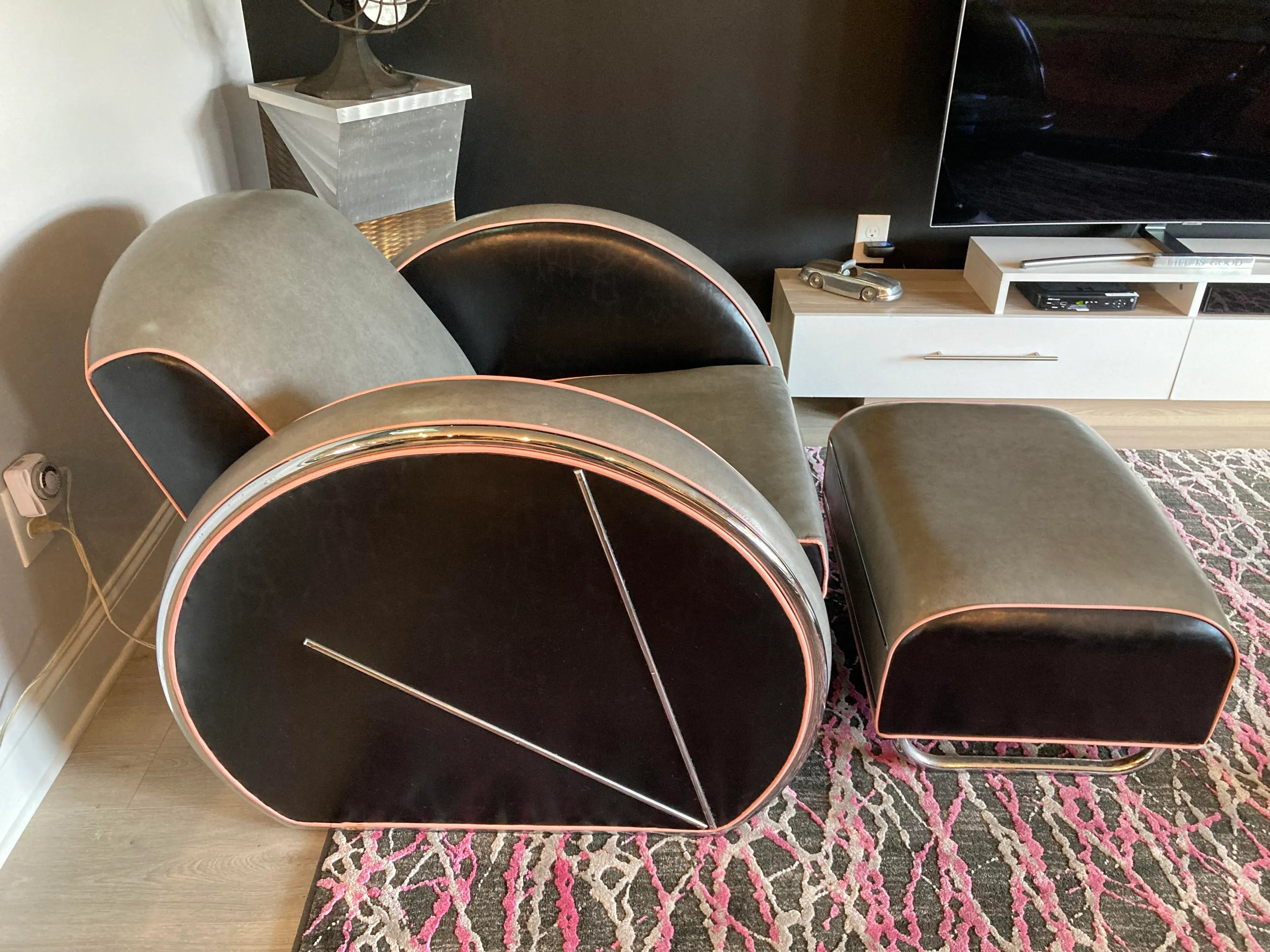 1980s Art Deco Revival Royal Chrome Streamline Sofa, Chair, and Ottoman Set After Donald Deskey