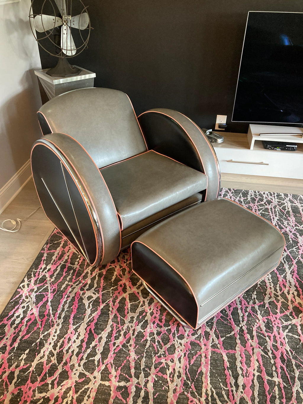 1980s Art Deco Revival Royal Chrome Streamline Sofa, Chair, and Ottoman Set After Donald Deskey