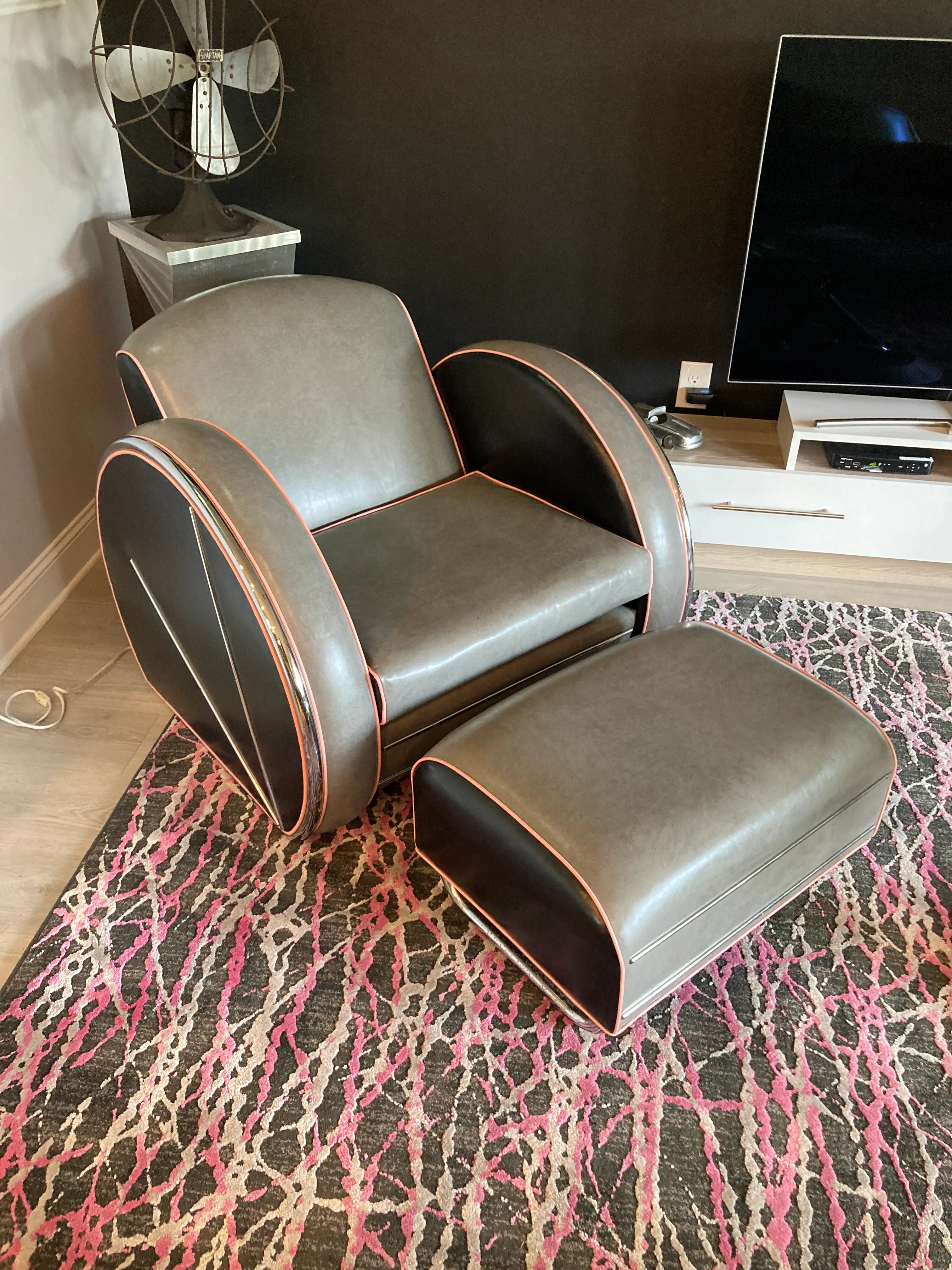 1980s Art Deco Revival Royal Chrome Streamline Sofa, Chair, and Ottoman Set After Donald Deskey