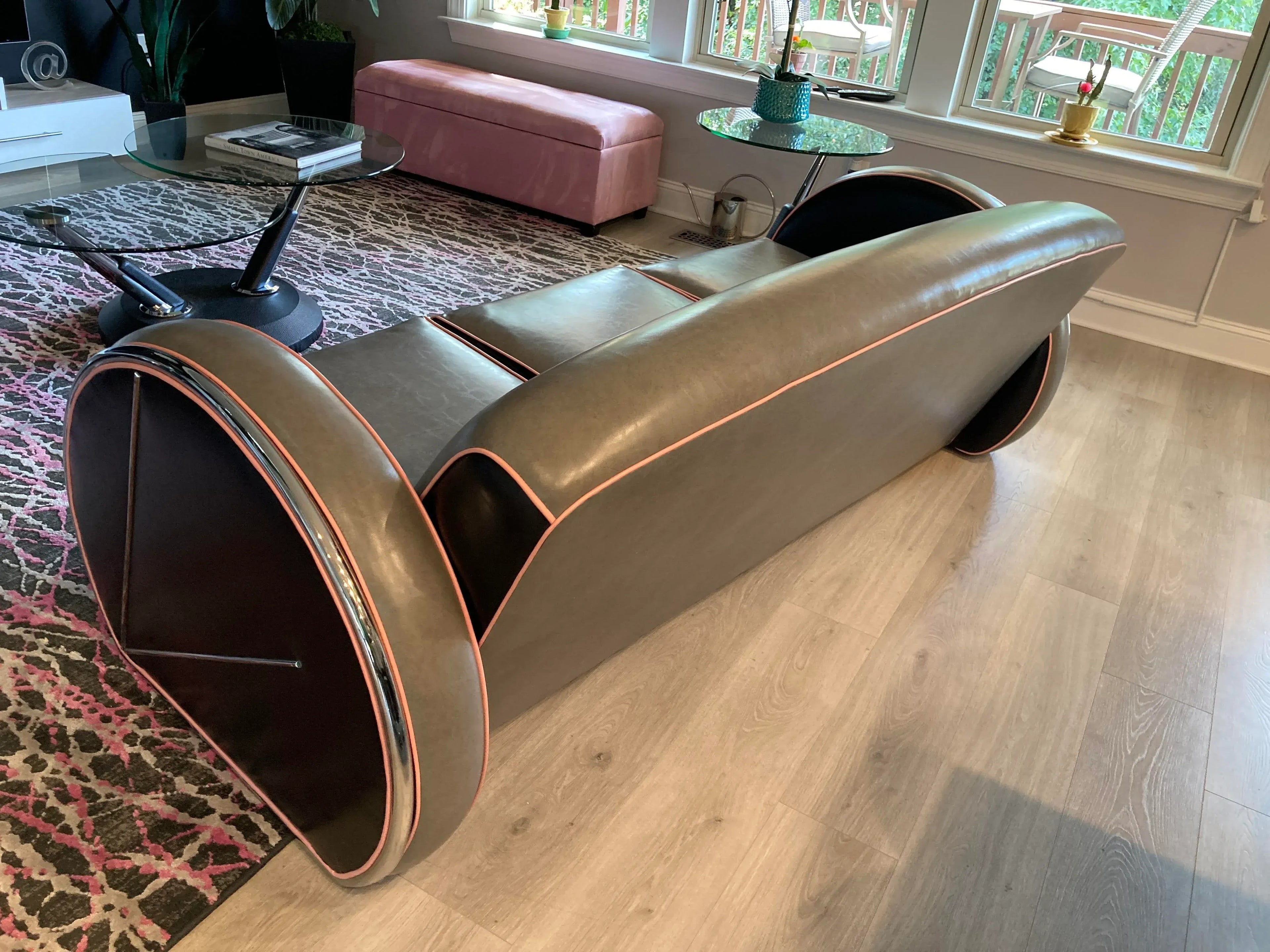1980s Art Deco Revival Royal Chrome Streamline Sofa, Chair, and Ottoman Set After Donald Deskey