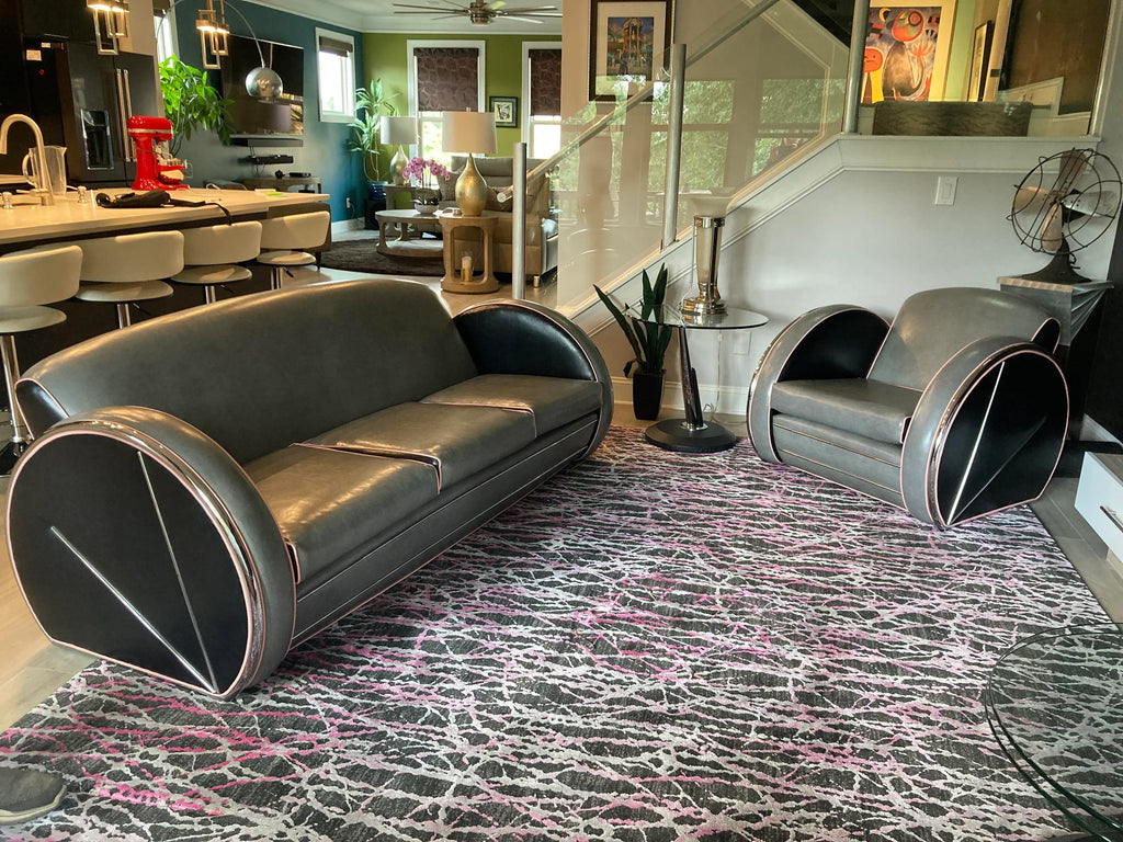 1980s Art Deco Revival Royal Chrome Streamline Sofa, Chair, and Ottoman Set After Donald Deskey