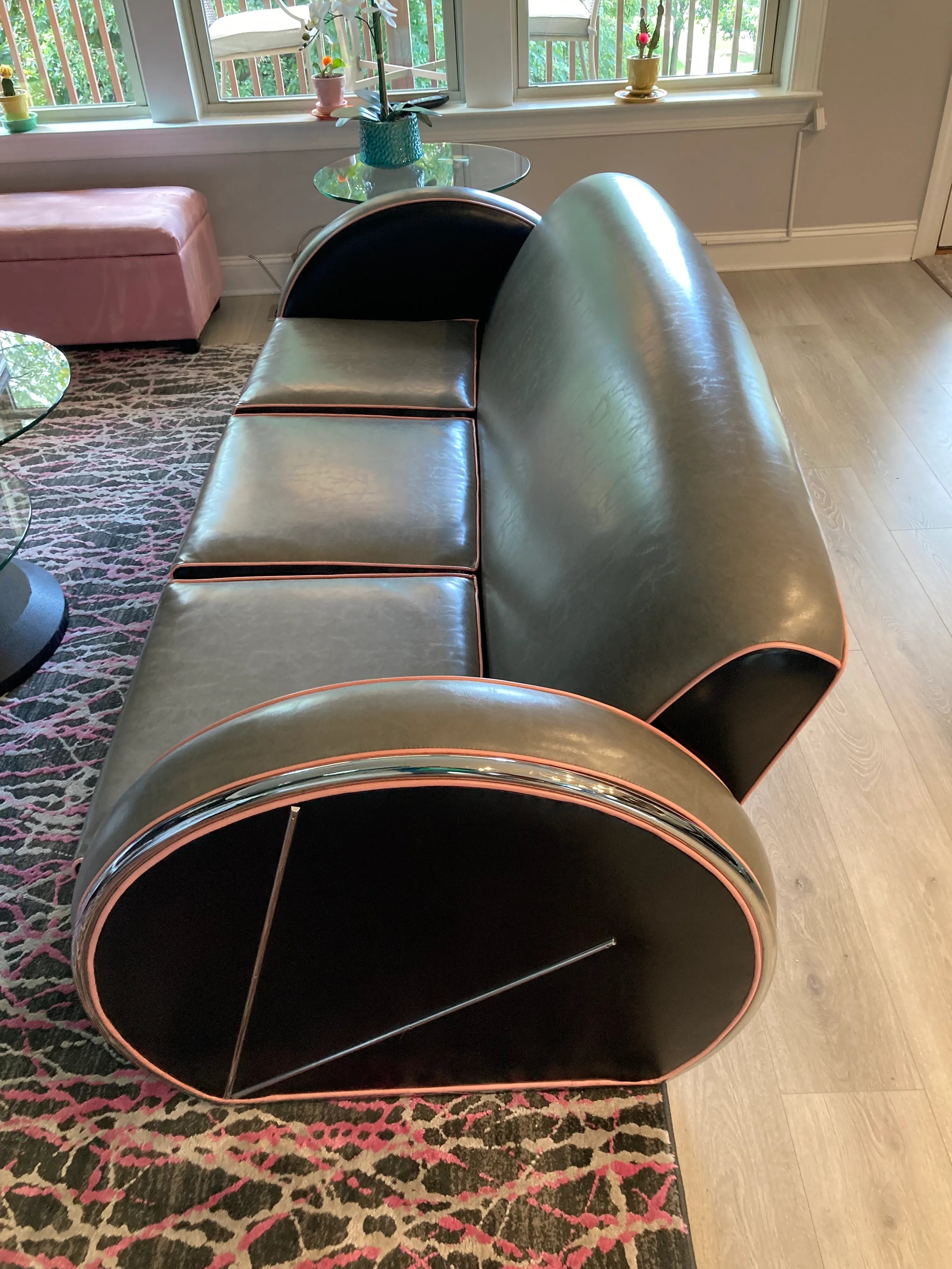 1980s Art Deco Revival Royal Chrome Streamline Sofa, Chair, and Ottoman Set After Donald Deskey