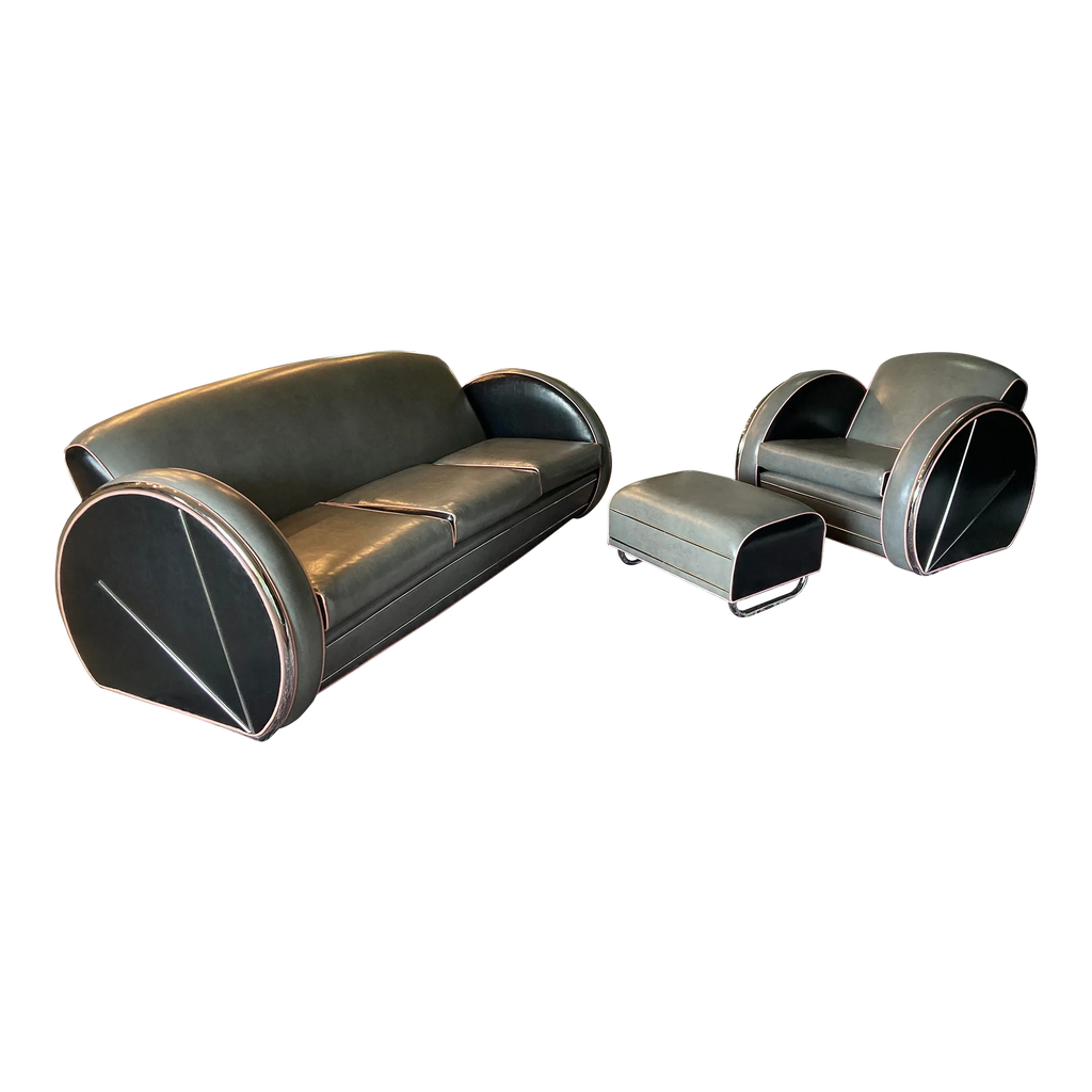 1980s Art Deco Revival Royal Chrome Streamline Sofa, Chair, and Ottoman Set After Donald Deskey