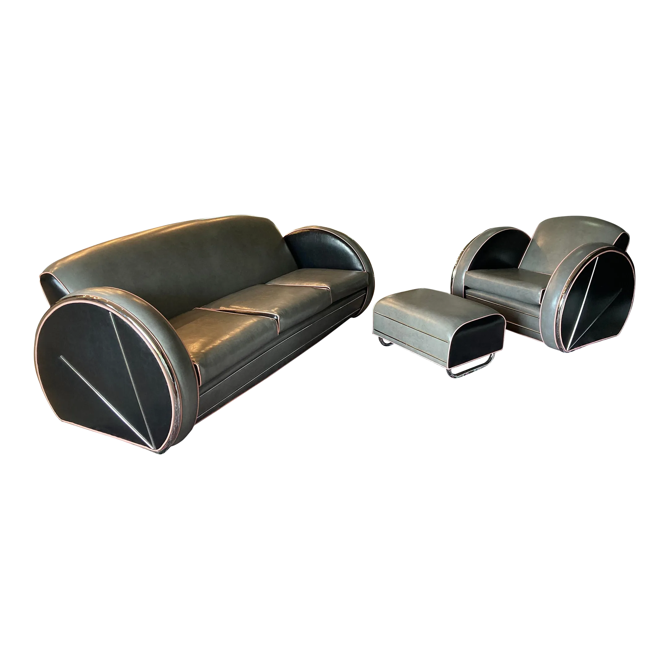 1980s Art Deco Revival Royal Chrome Streamline Sofa, Chair, and Ottoman Set After Donald Deskey