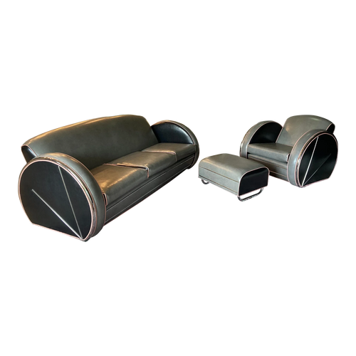 1980s Art Deco Revival Royal Chrome Streamline Sofa, Chair, and Ottoman Set After Donald Deskey