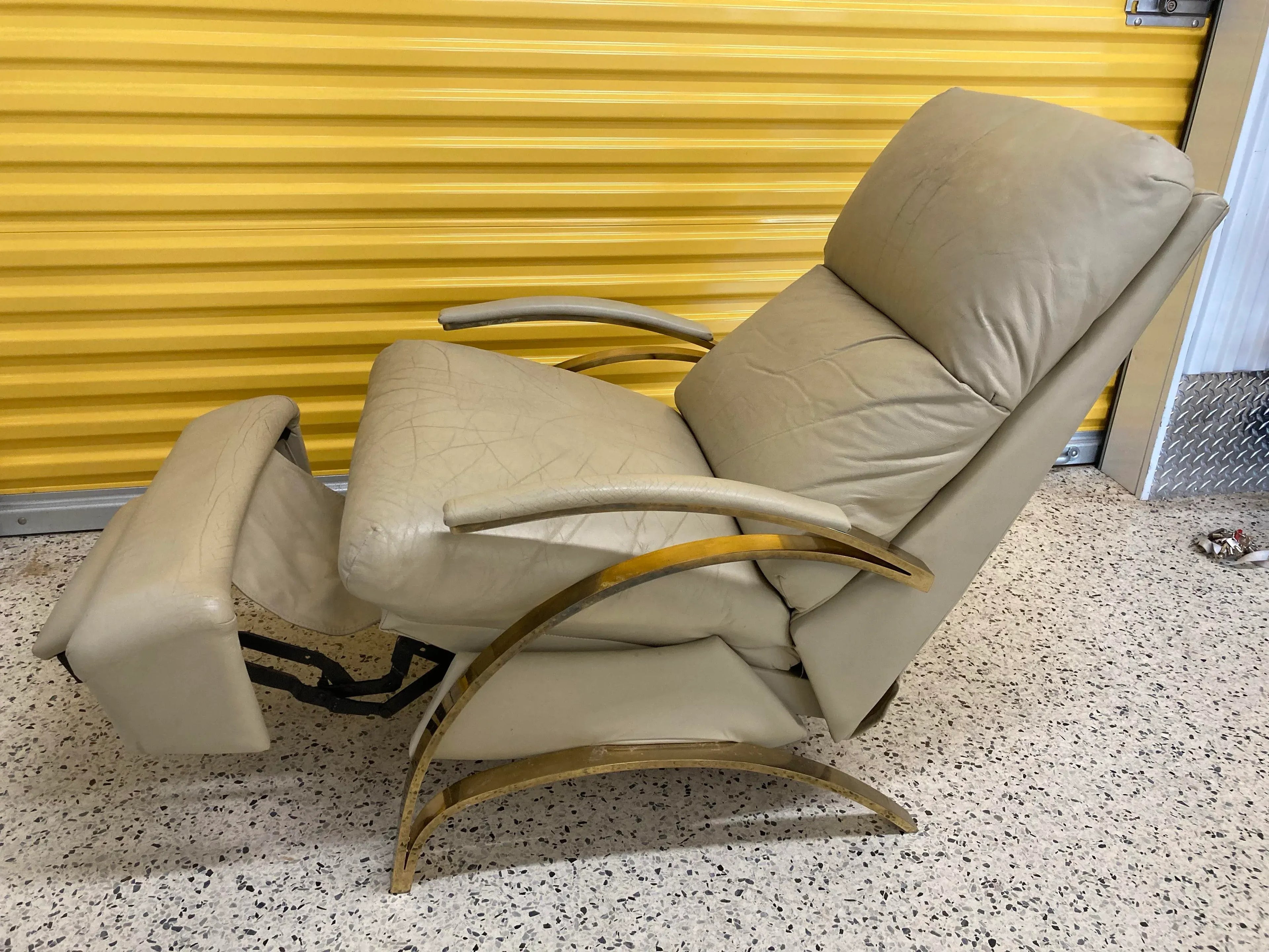 1980s Post-Modern Leather and Gold Chrome Recliner After Milo Baughman