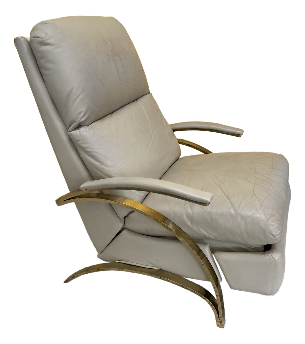 1980s Post-Modern Leather and Gold Chrome Recliner After Milo Baughman