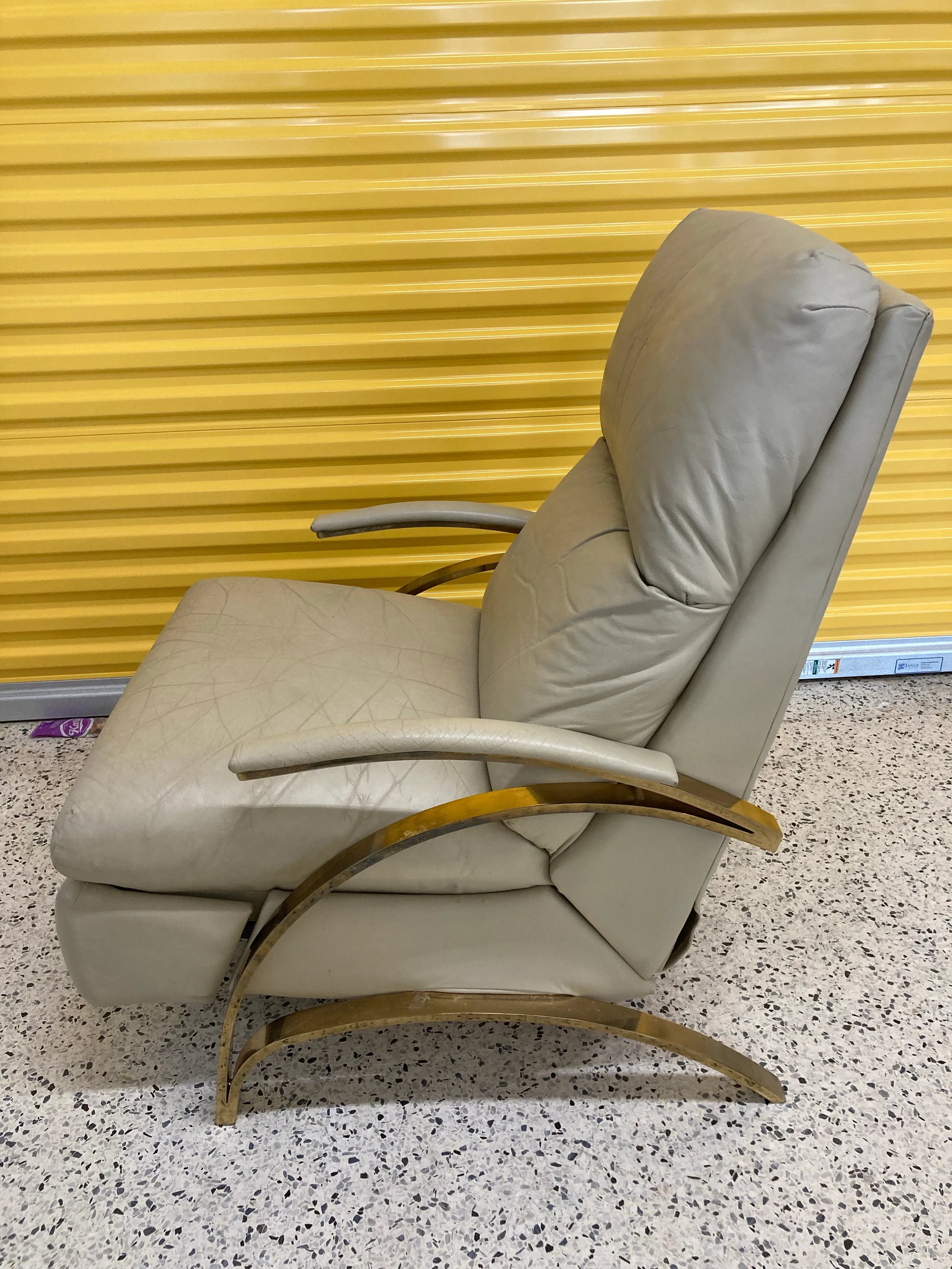 1980s Post-Modern Leather and Gold Chrome Recliner After Milo Baughman