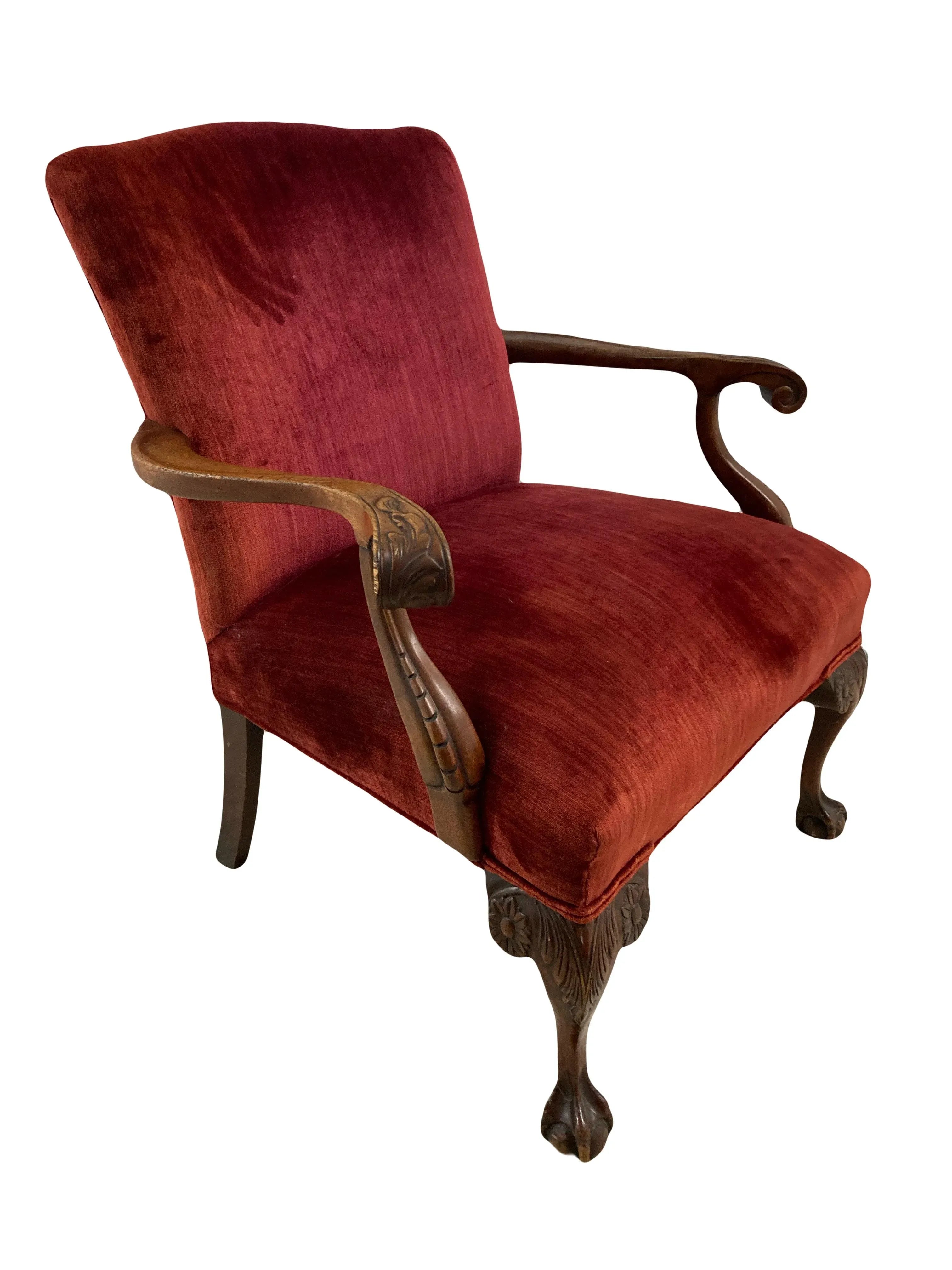 19th Century English George II Style Chippendale Ball and Clawfoot Bergere Chair in Red Velvet