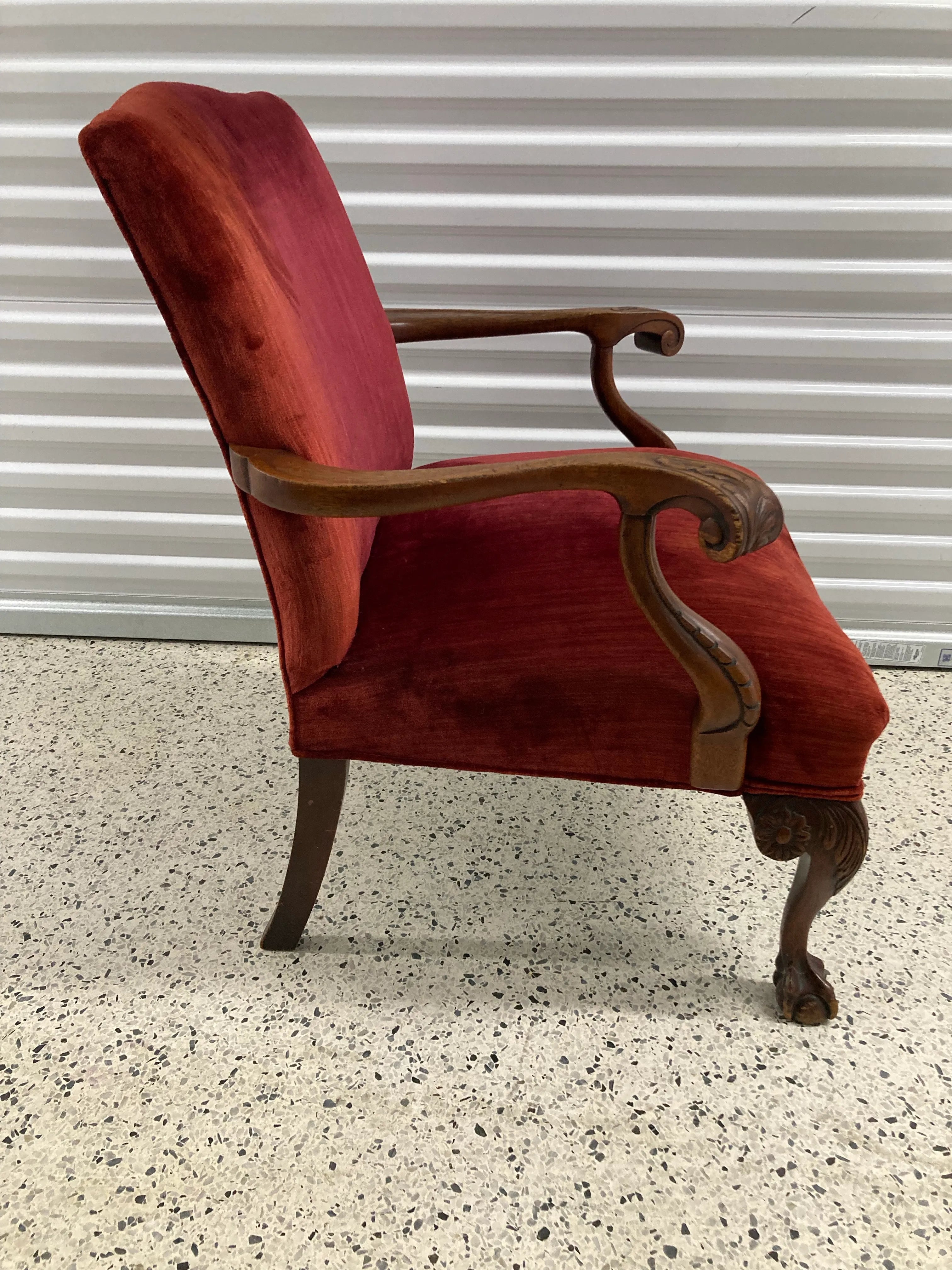 19th Century English George II Style Chippendale Ball and Clawfoot Bergere Chair in Red Velvet