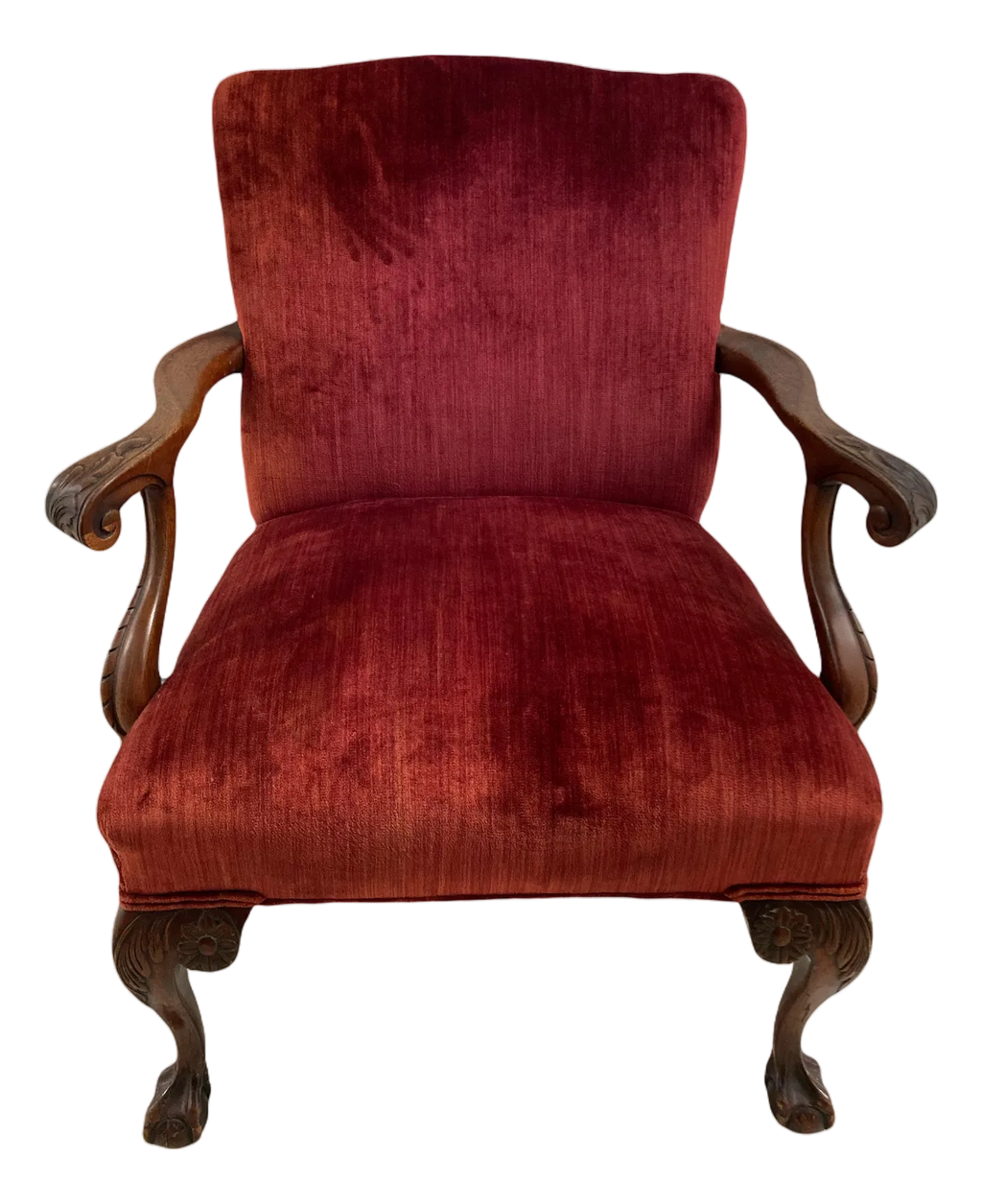 19th Century English George II Style Chippendale Ball and Clawfoot Bergere Chair in Red Velvet