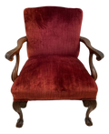 19th Century English George II Style Chippendale Ball and Clawfoot Bergere Chair in Red Velvet