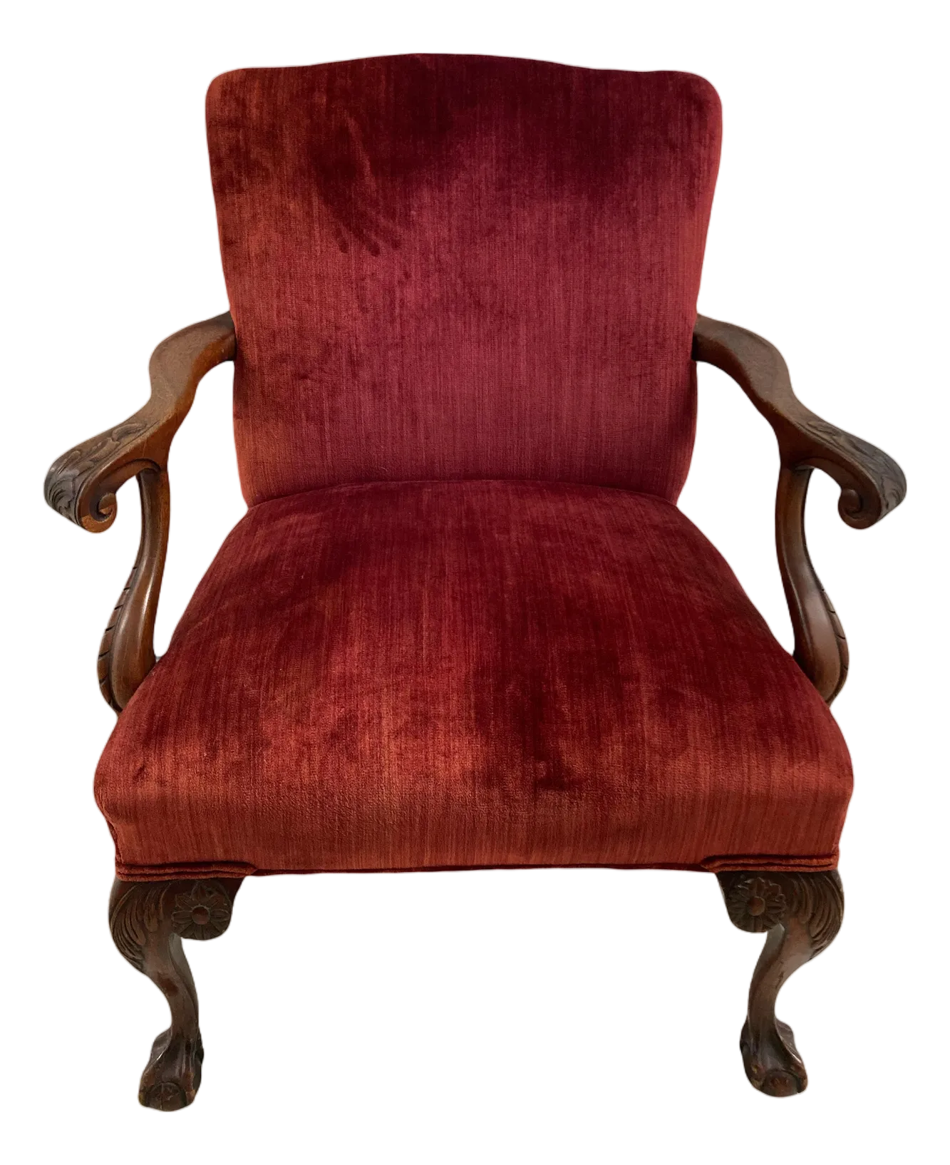 19th Century English George II Style Chippendale Ball and Clawfoot Bergere Chair in Red Velvet