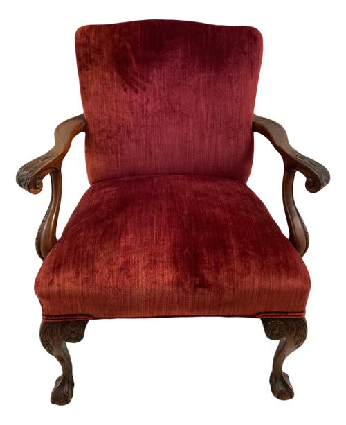 19th Century English George II Style Chippendale Ball and Clawfoot Bergere Chair in Red Velvet