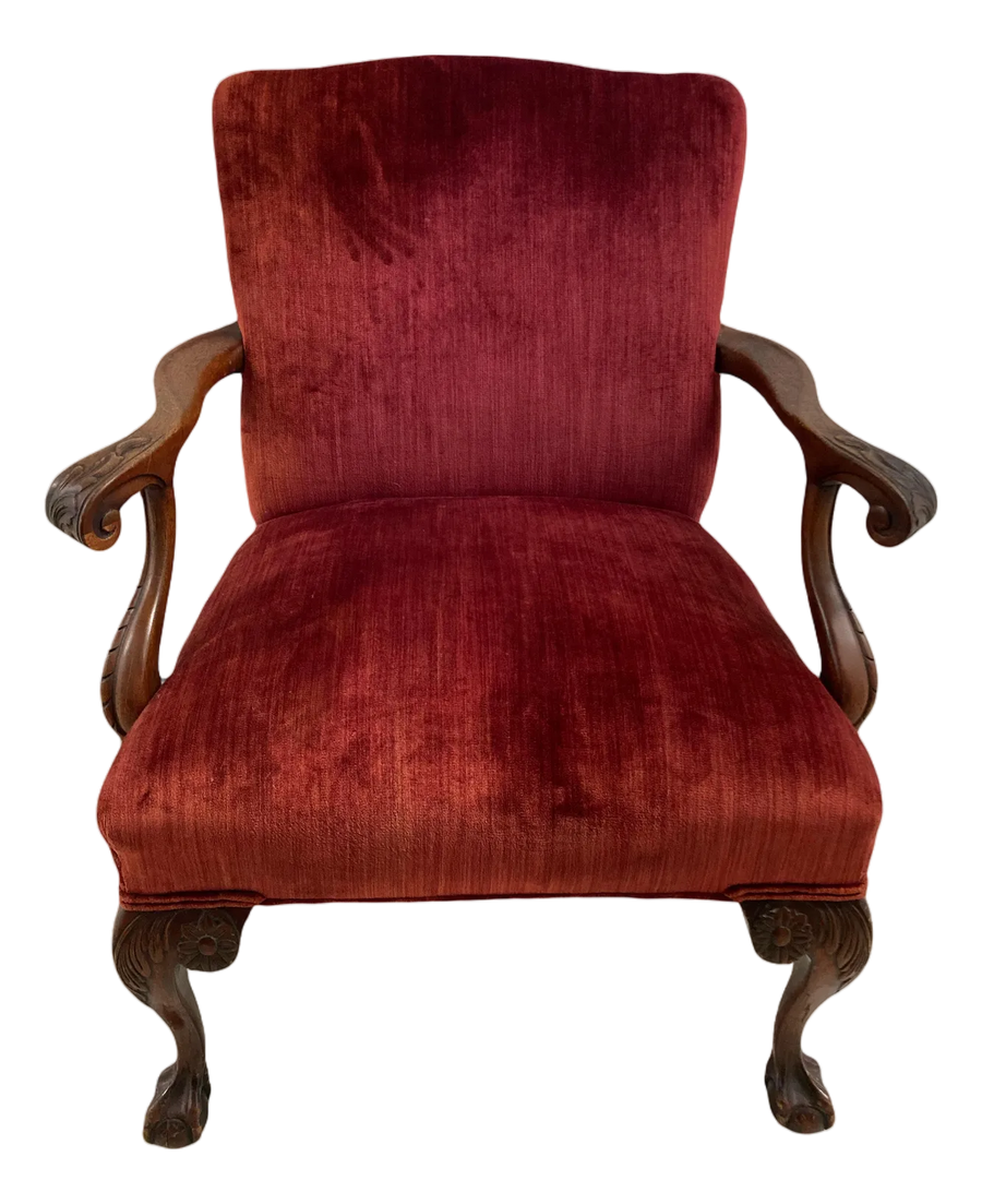 19th Century English George II Style Chippendale Ball and Clawfoot Bergere Chair in Red Velvet