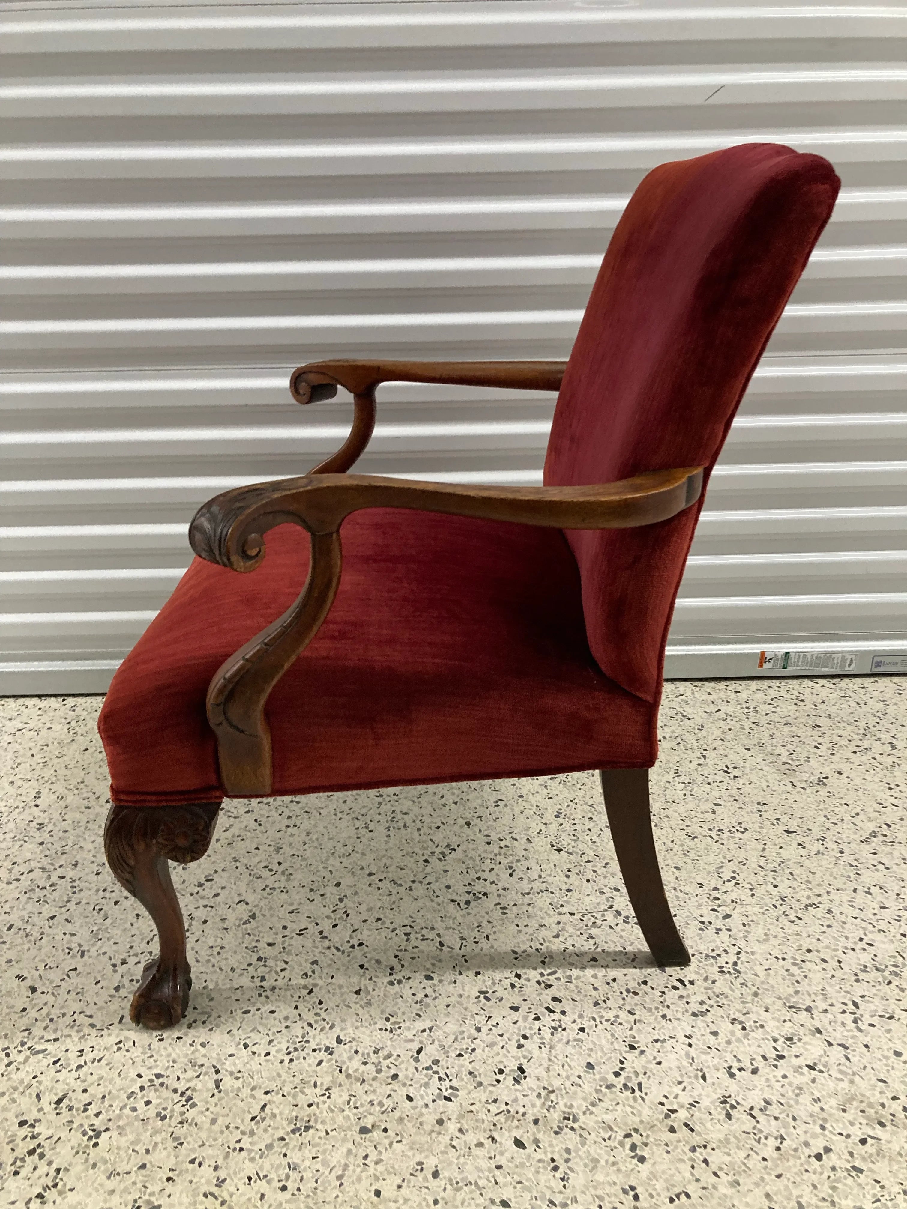 19th Century English George II Style Chippendale Ball and Clawfoot Bergere Chair in Red Velvet
